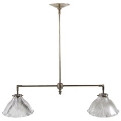 Modern Double Brass Prism Holophane Ruffled Shade Pendant Light