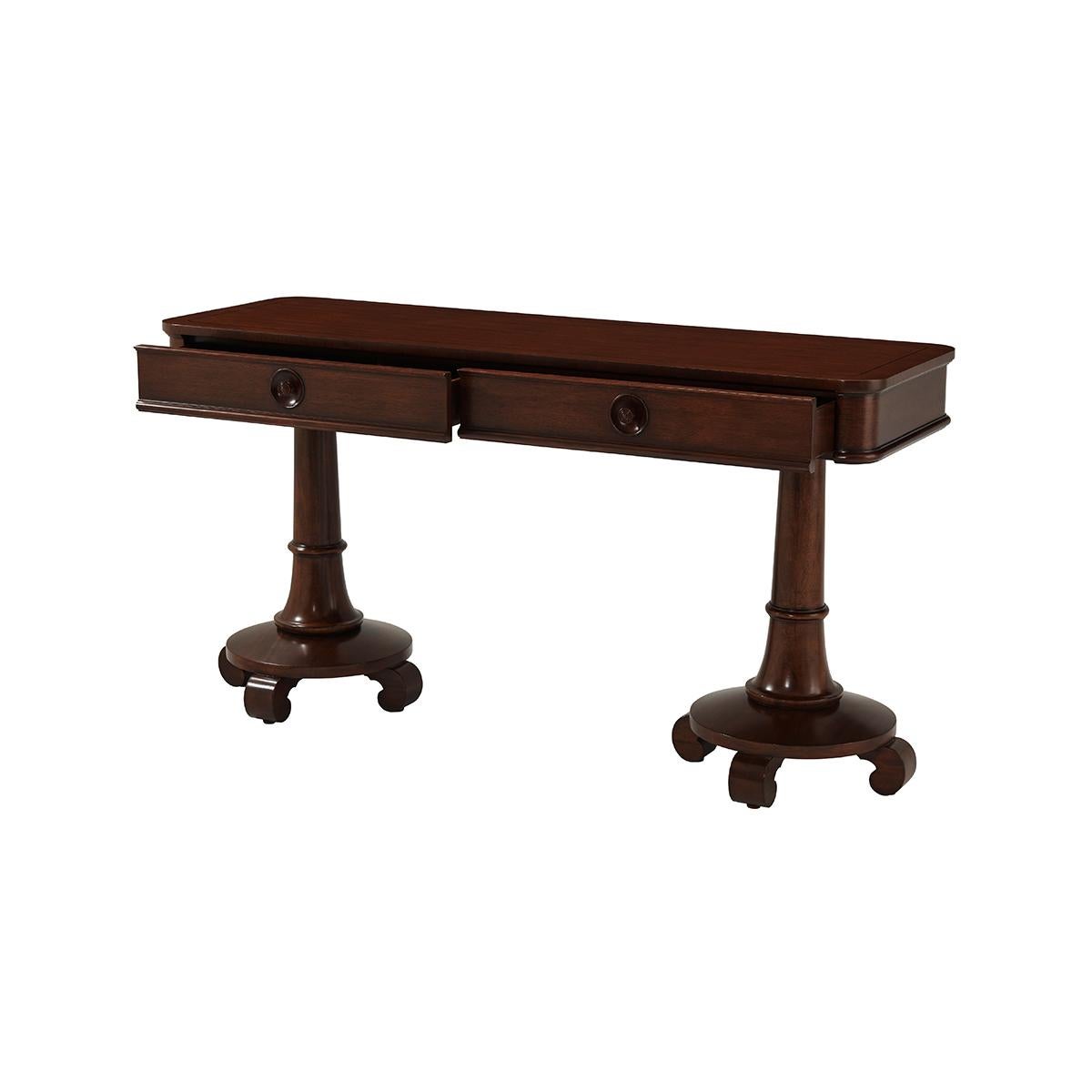 An unusual dual classic pedestal design. The rectangular European-style console is finished in a warm medium brown with two drawers.
Dimensions: 60