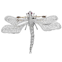 Modern Dragonfly Diamond Ruby 18K Platinum Brooch Pin