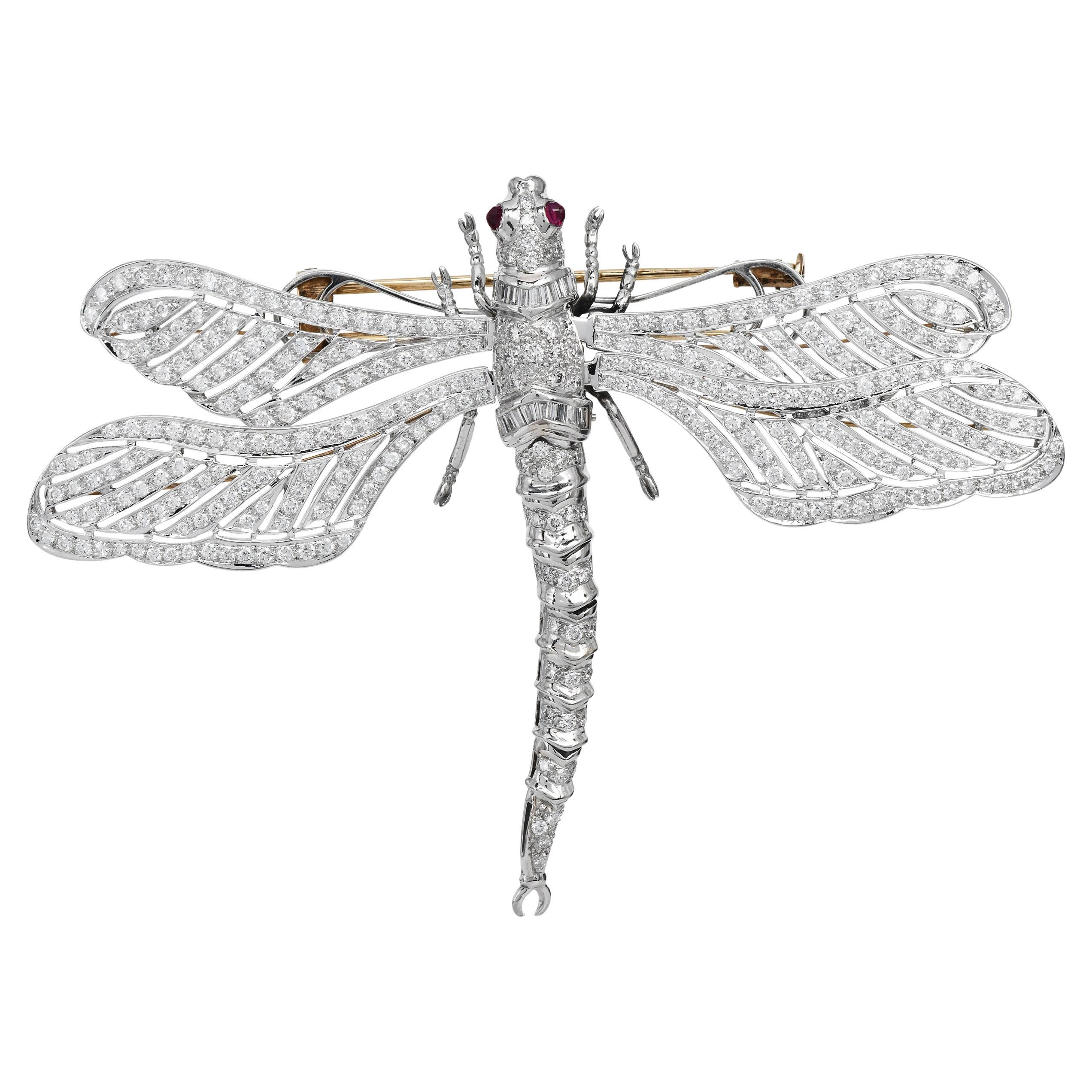 Modern Dragonfly Diamond Ruby 18K Platinum Brooch Pin