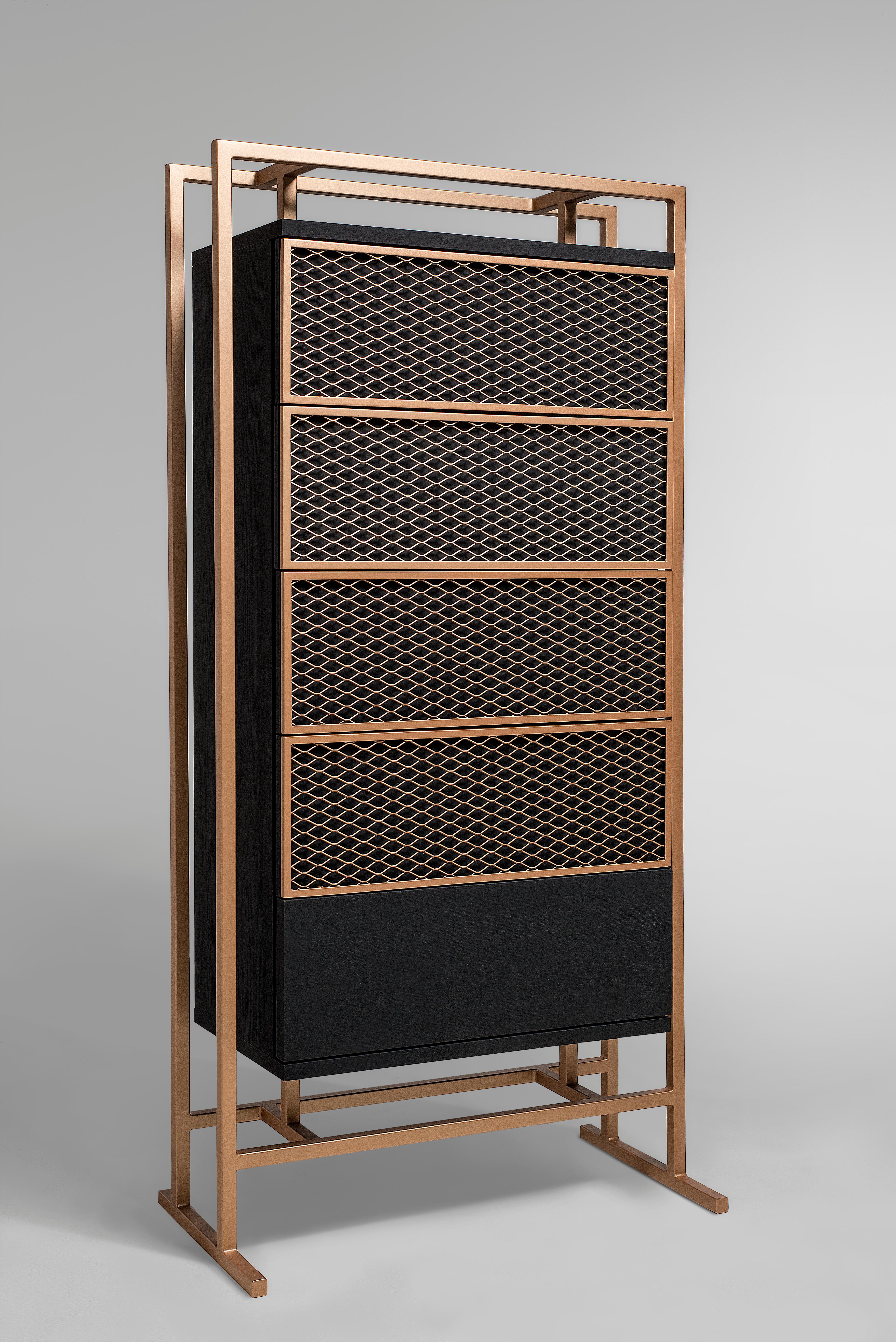 Excellent in size and style, the Ezera drawer is a perfect fit for any living room, narrow corridor and entry hall. Fabricated out of wood, metal, and designed by Larissa Batista, this modern cabinet is a master class of design that brings with it