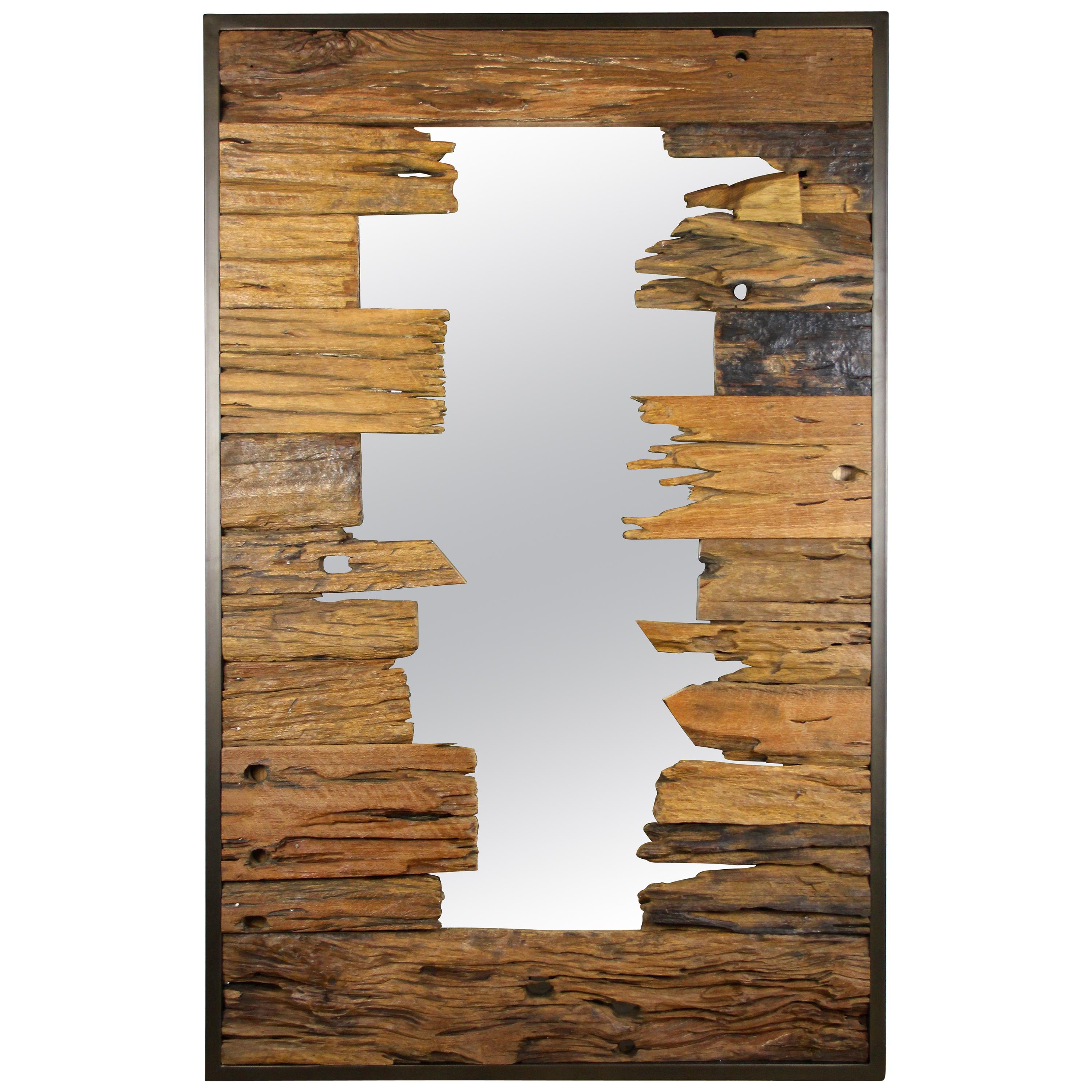 Modern Driftwood Wall Mirror "Broken Ship" with Metal Frame