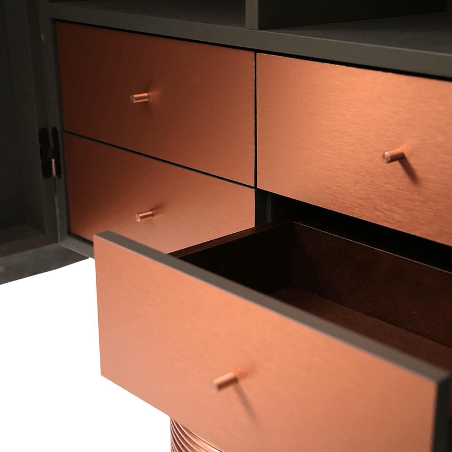 Modern Contemporary Grey, Black, White Cabinet with Copper, Brass base For Sale