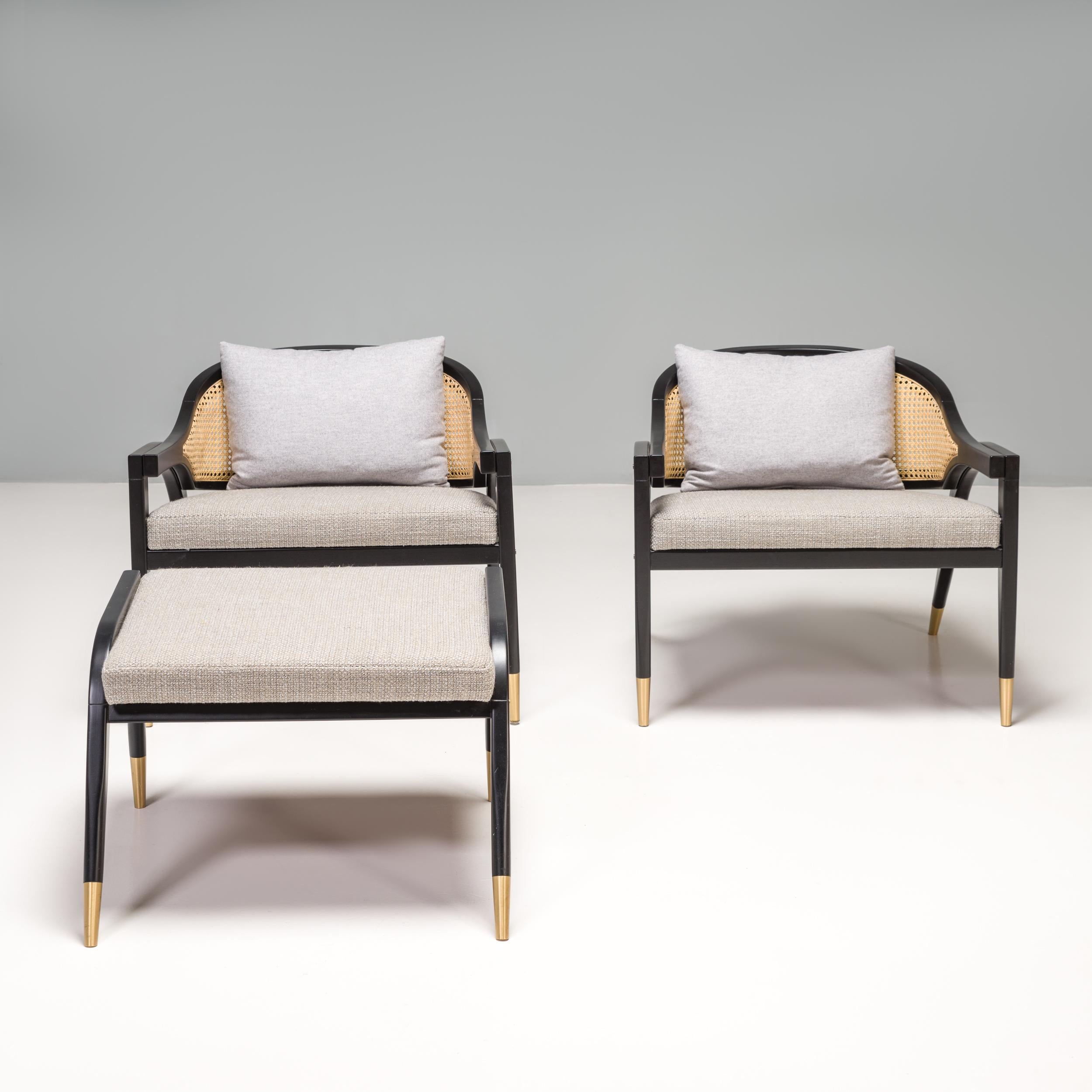 American Classical Duistt Wormley Cane and Brass Armchairs & Footstool, Set of 2 For Sale