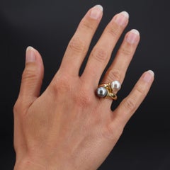 Modern Duo White Pearl Gray Pearl Diamonds 18 Karat Yellow Gold Ring