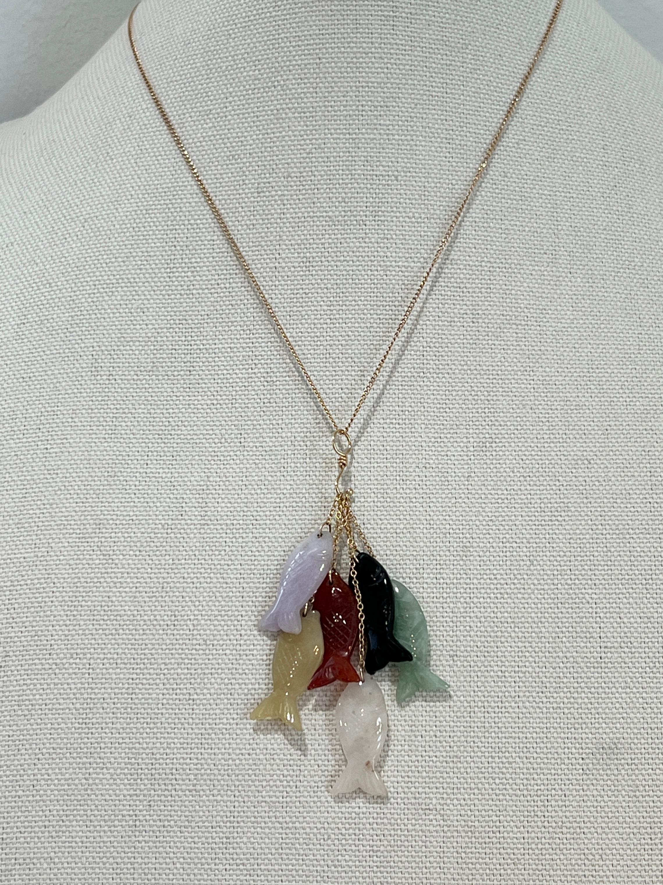 Women's or Men's Modern Dyed Jade Fish and 14k Yellow Gold Hook Pendant 1970s/1980s