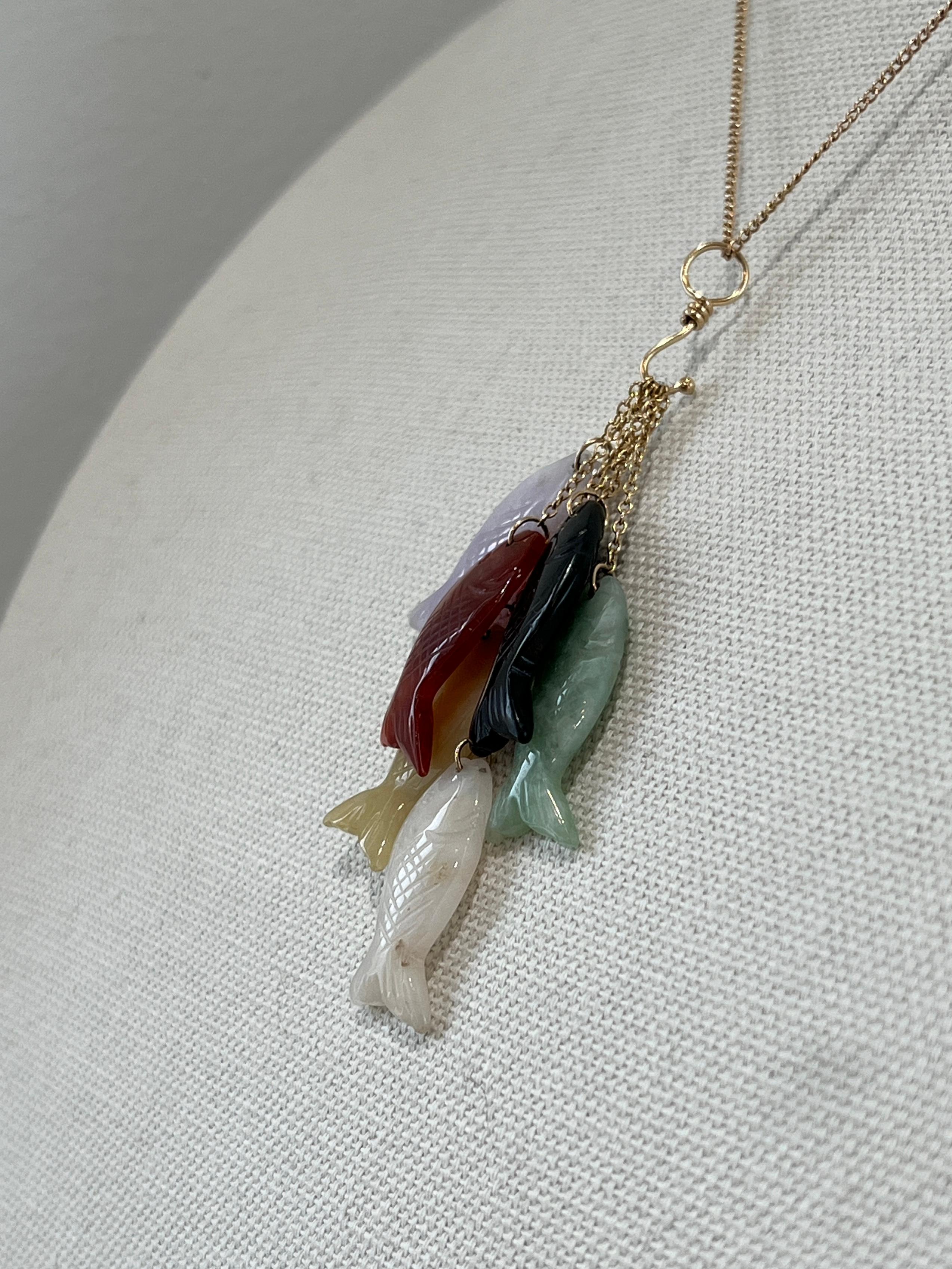 Modern Dyed Jade Fish and 14k Yellow Gold Hook Pendant 1970s/1980s 1