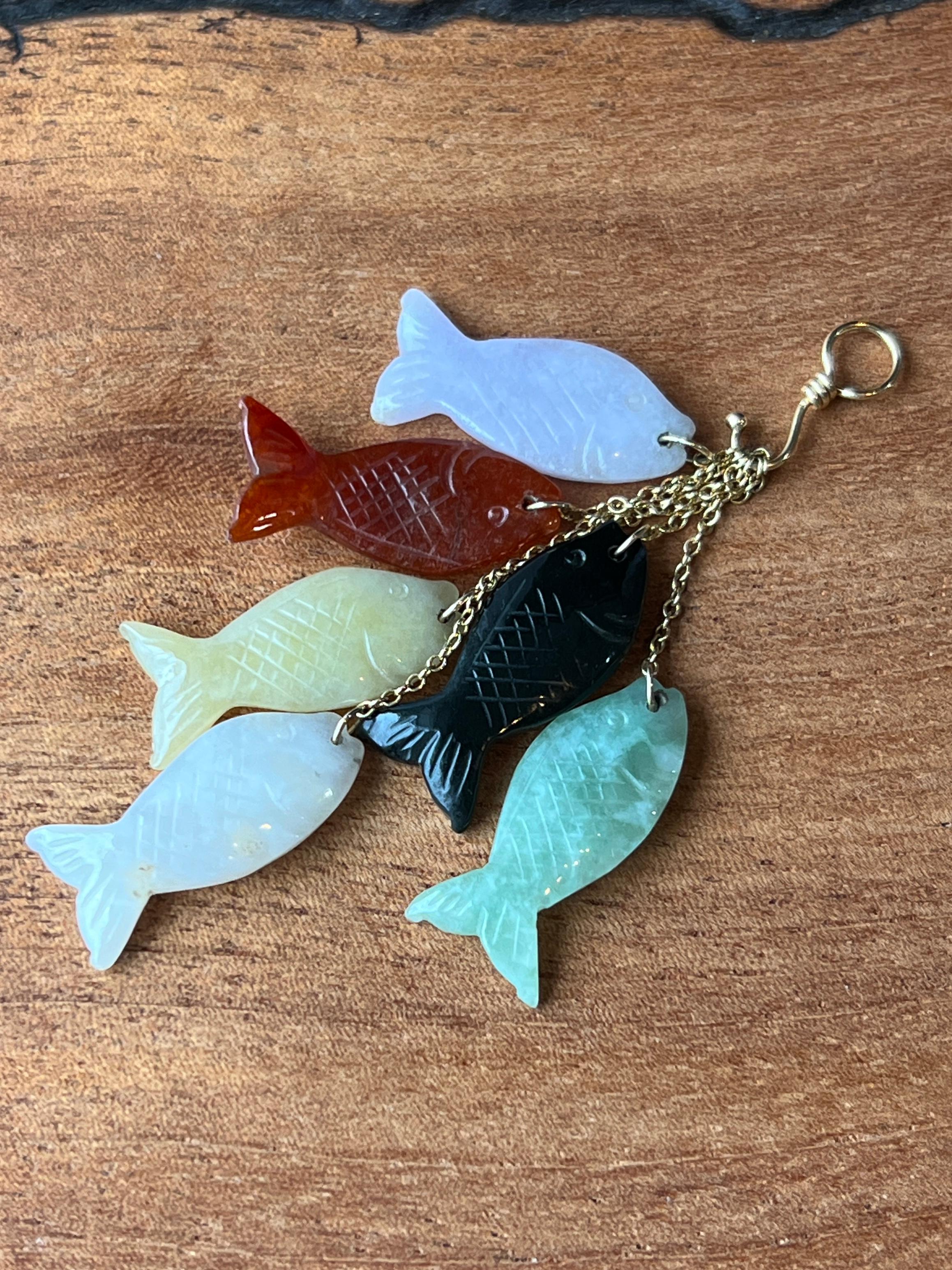 Modern Dyed Jade Fish and 14k Yellow Gold Hook Pendant 1970s/1980s 2