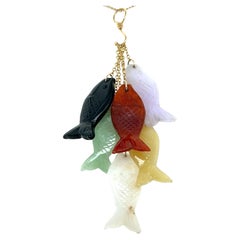 Modern Dyed Jade Fish and 14k Yellow Gold Hook Pendant 1970s/1980s