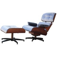 Vintage Modern Eames Style Walnut Lounge Chair and Ottoman in Silver Velvet