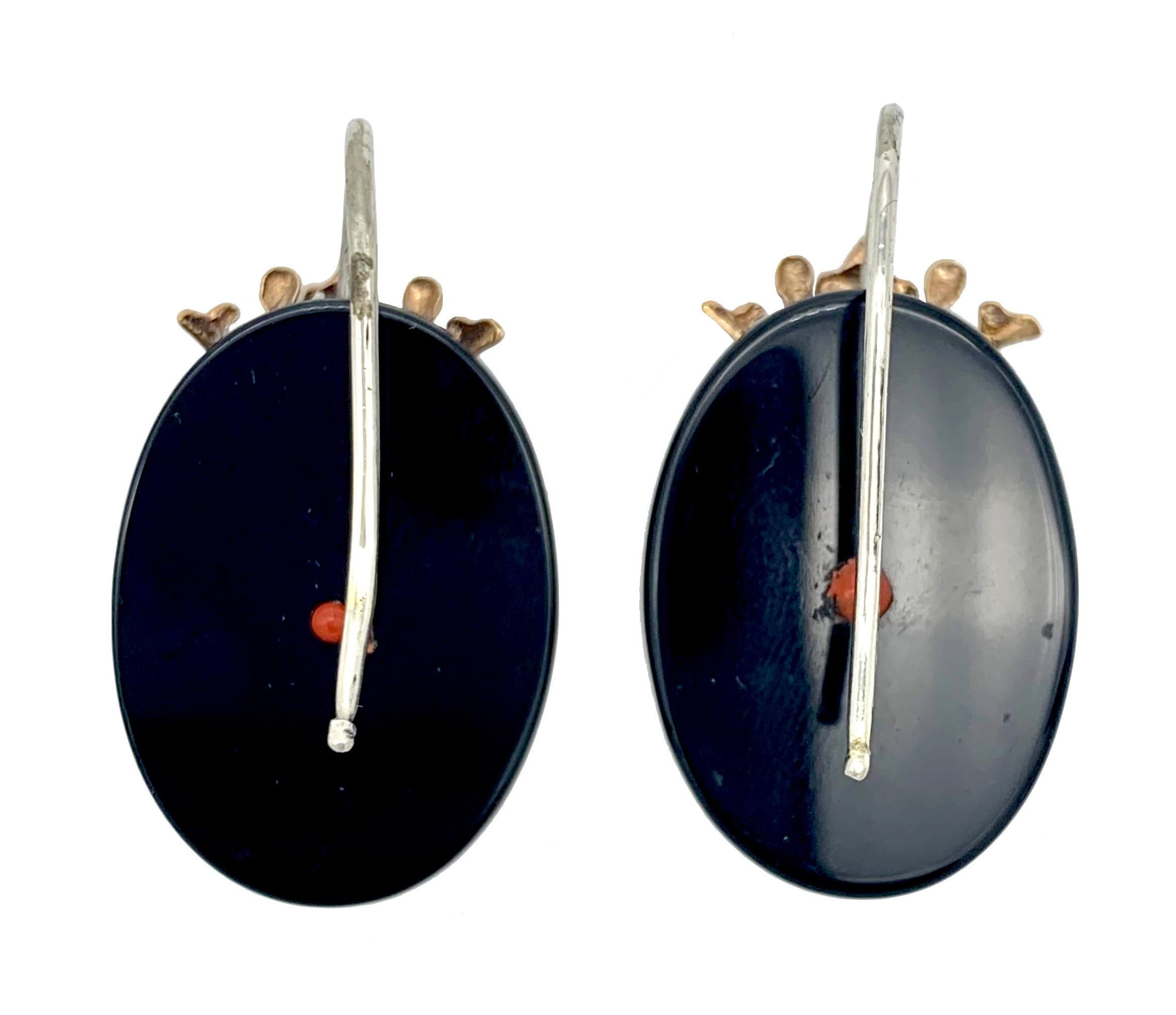 Moderne Ohrringe im viktorianischen Stil Diamant Onyx 14 Kt Rot-Weißgold Kronen-Motiv (Revival) im Angebot