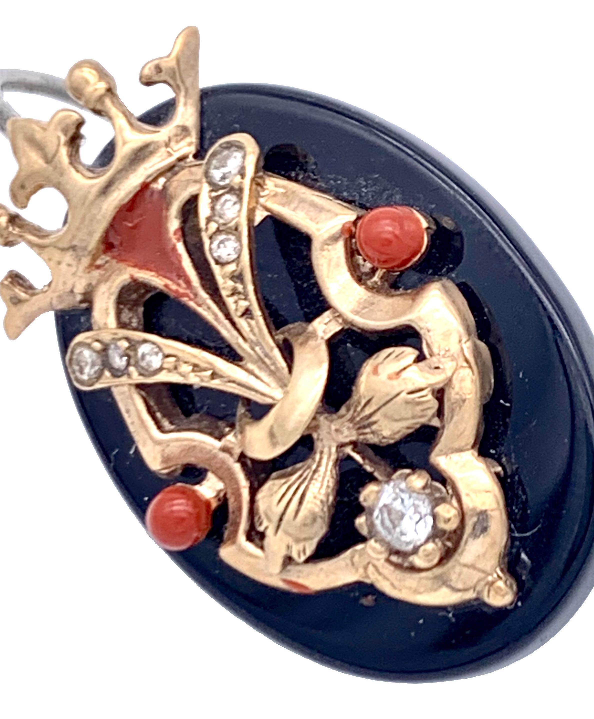 Round Cut Modern Earrings Viktorian Style Diamond Onyx 14 Kt Red White Gold Crown Motif For Sale