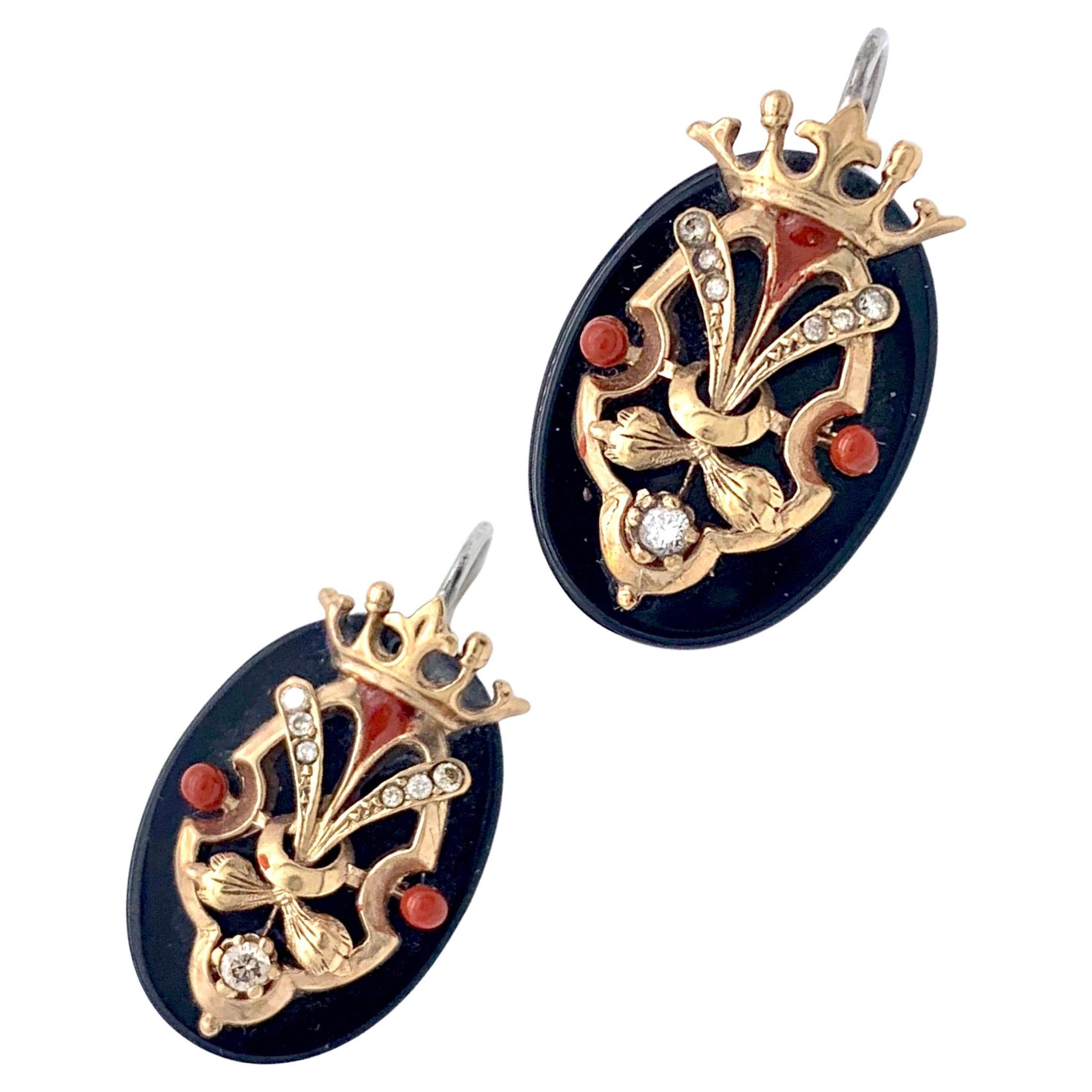 Modern Earrings Viktorian Style Diamond Onyx 14 Kt Red White Gold Crown Motif For Sale