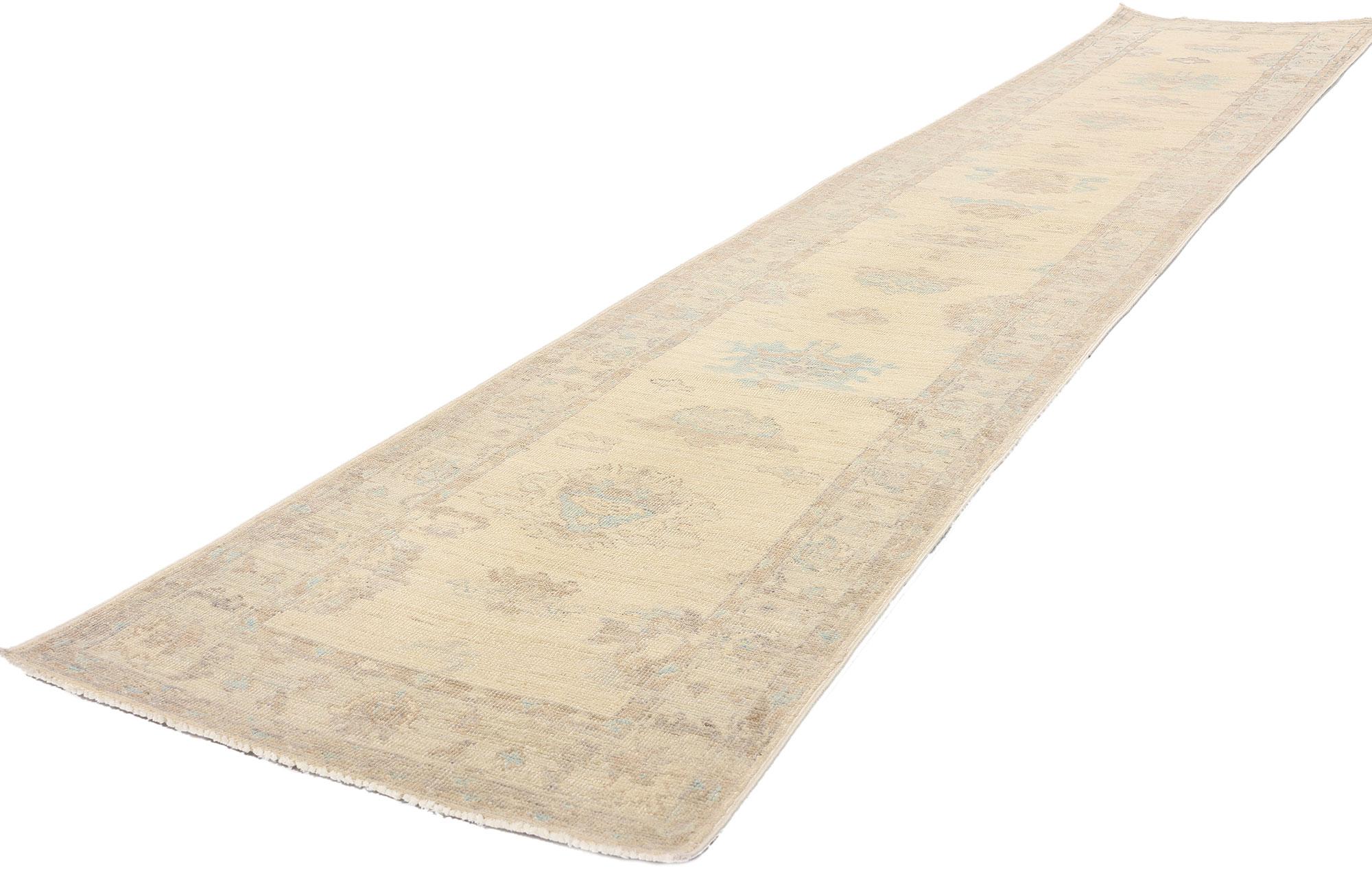 80843 New Modern Oushak Runner, 02'05 x 13'08. This hand-knotted wool modern earth-tone Oushak rug runner from Pakistan is a refined expression of Anatolian weaving traditions, reimagined with a soft and ethereal palette. Rooted in the centuries-old