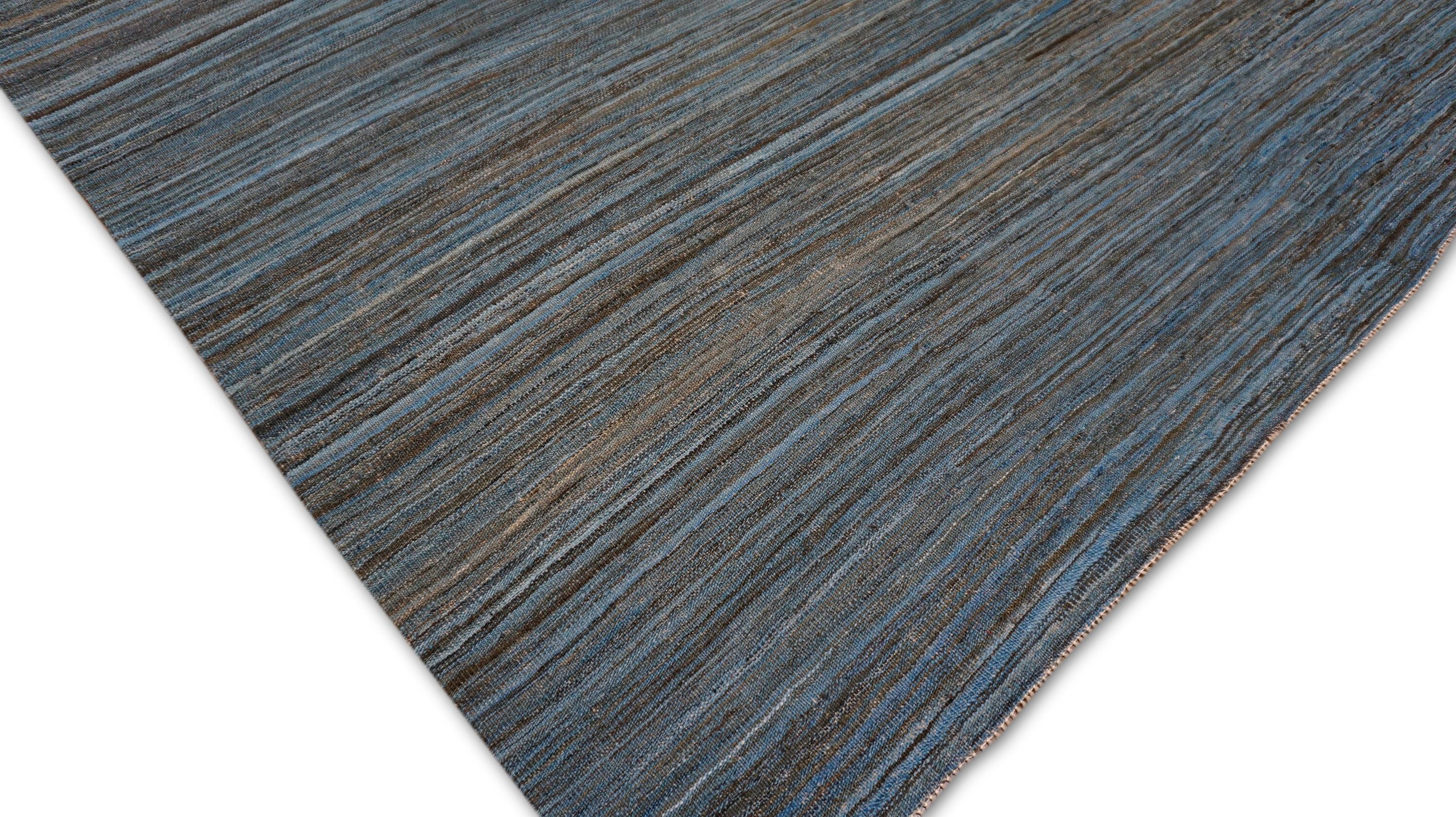 Moderner Erdblauer Ton-Kelim-Teppich aus Wolle 8'2''x10' im Angebot 2