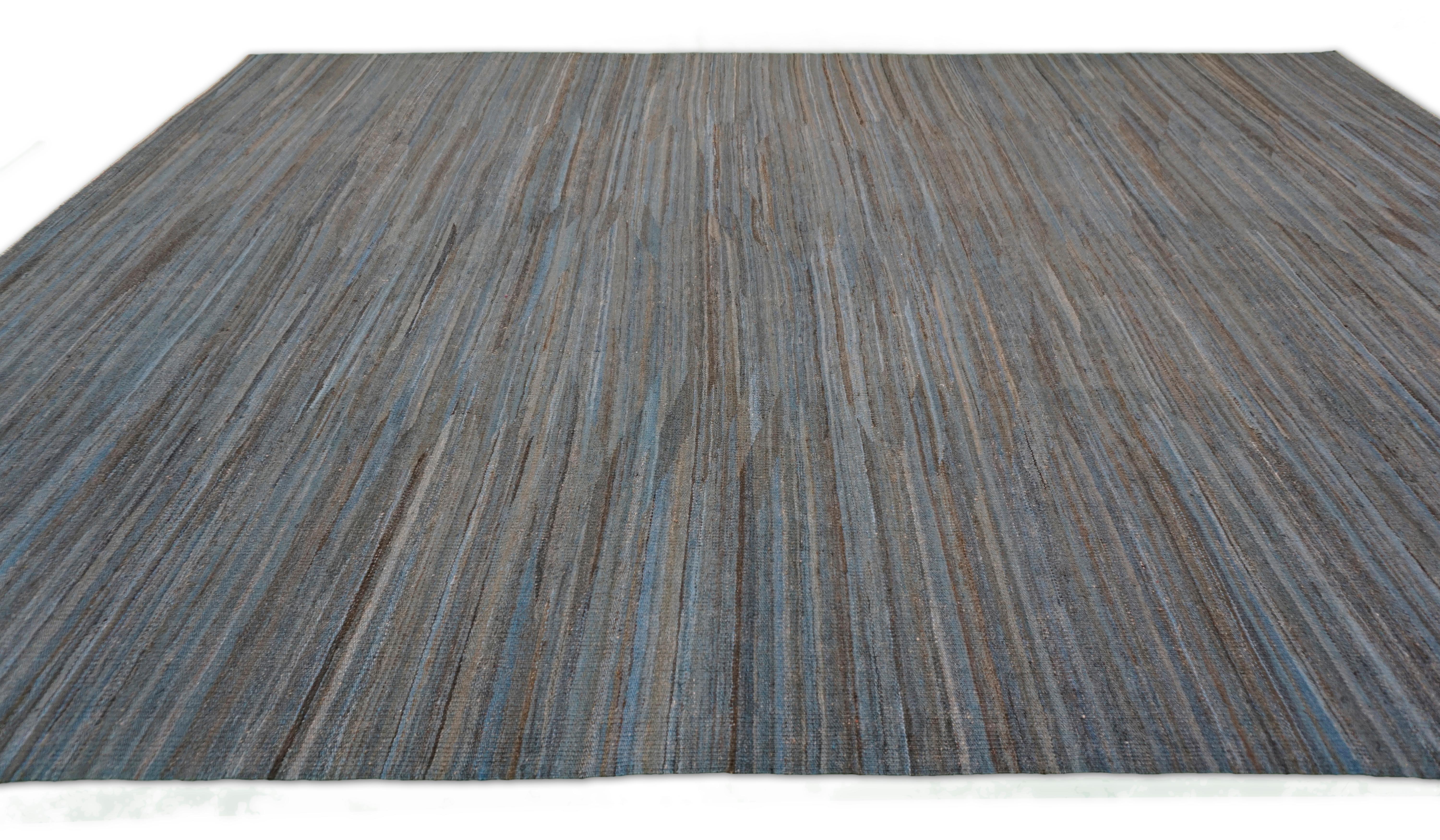 Modern Earthy Brown Blue Handwoven Striated Wool Kilim 9'x12' For Sale 3