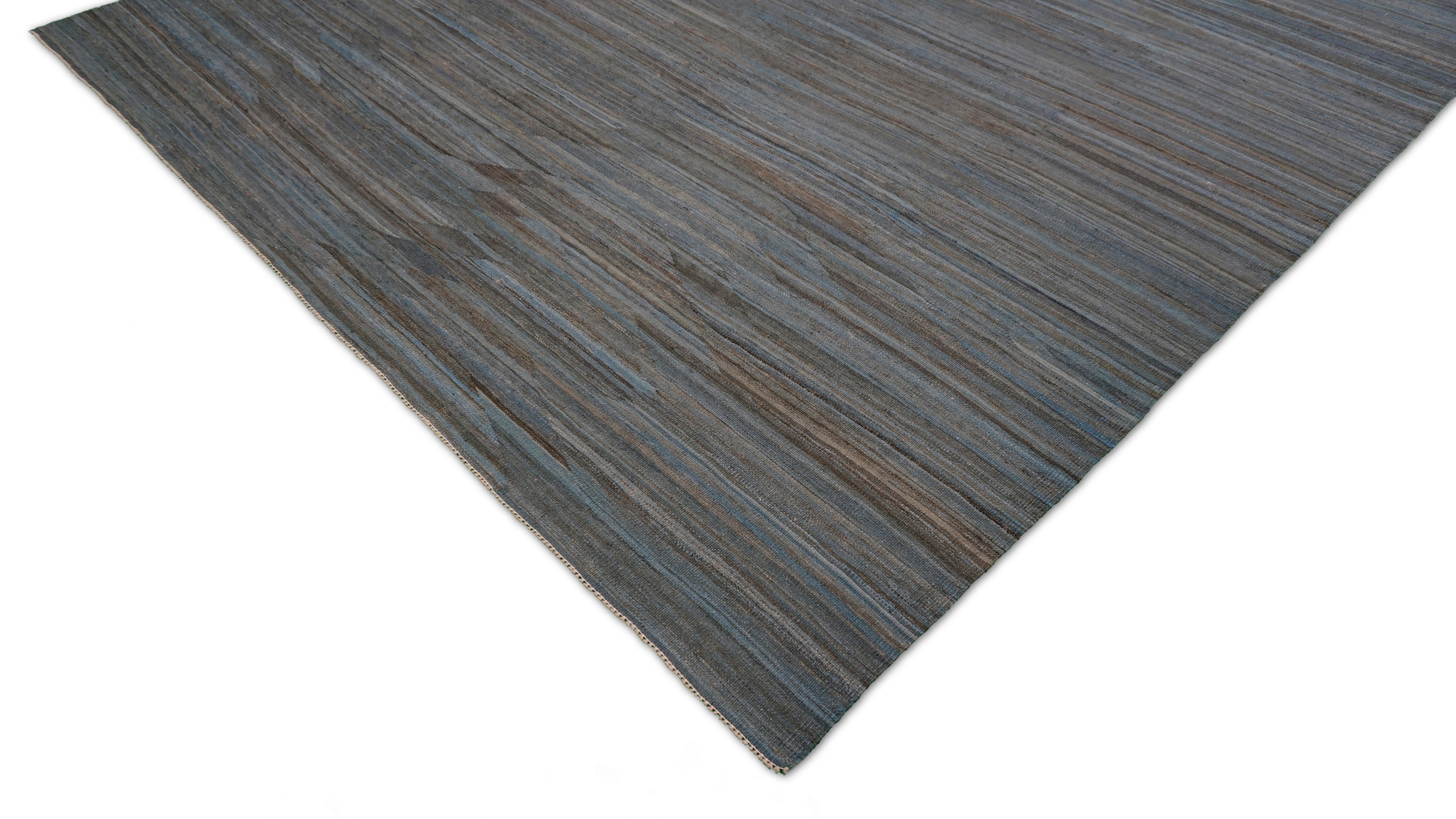 Minimalist Modern Earthy Brown Blue Handwoven Striated Wool Kilim 9'x12' For Sale