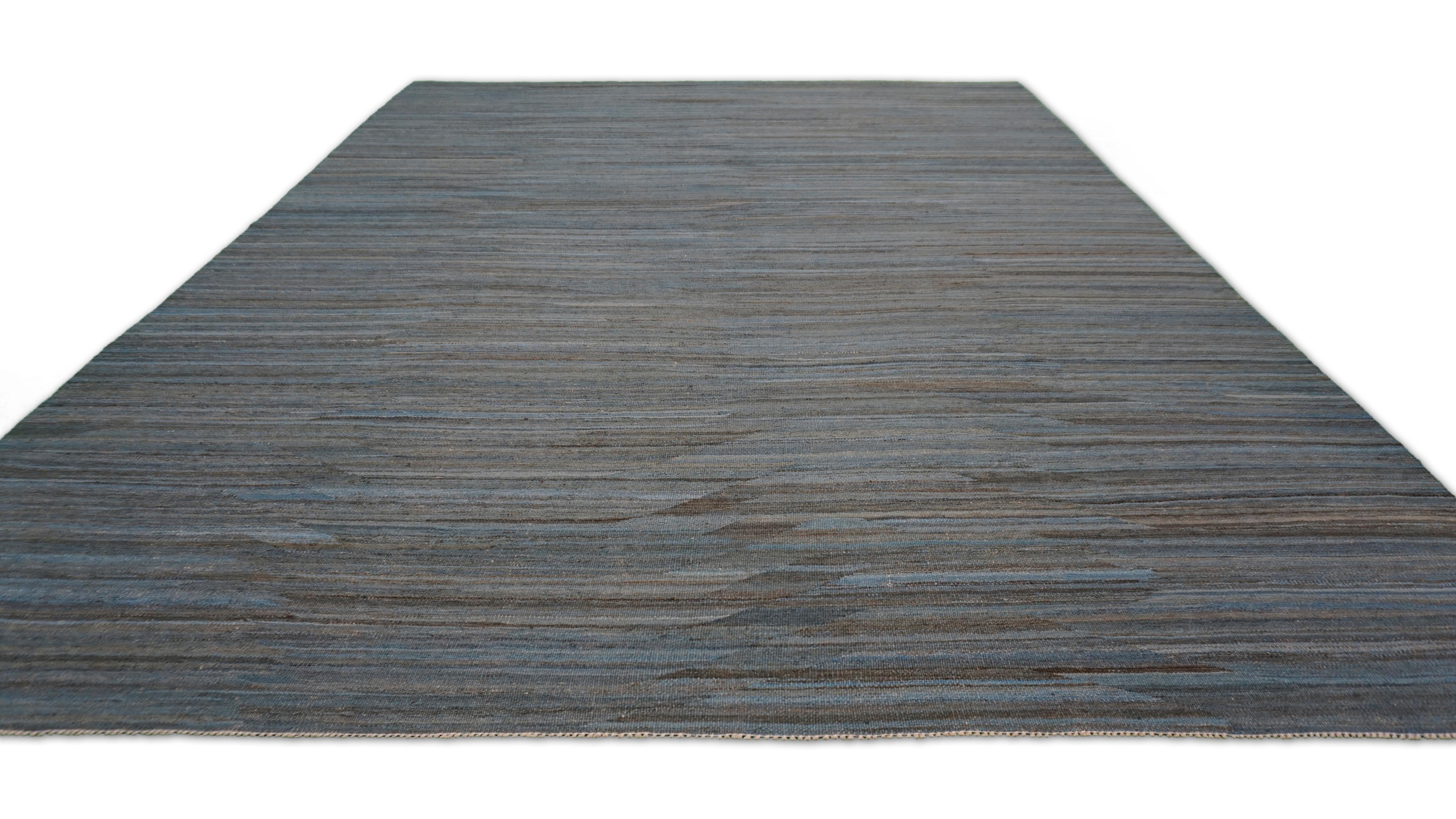 Pakistani Modern Earthy Brown Blue Handwoven Striated Wool Kilim 9'x12' For Sale