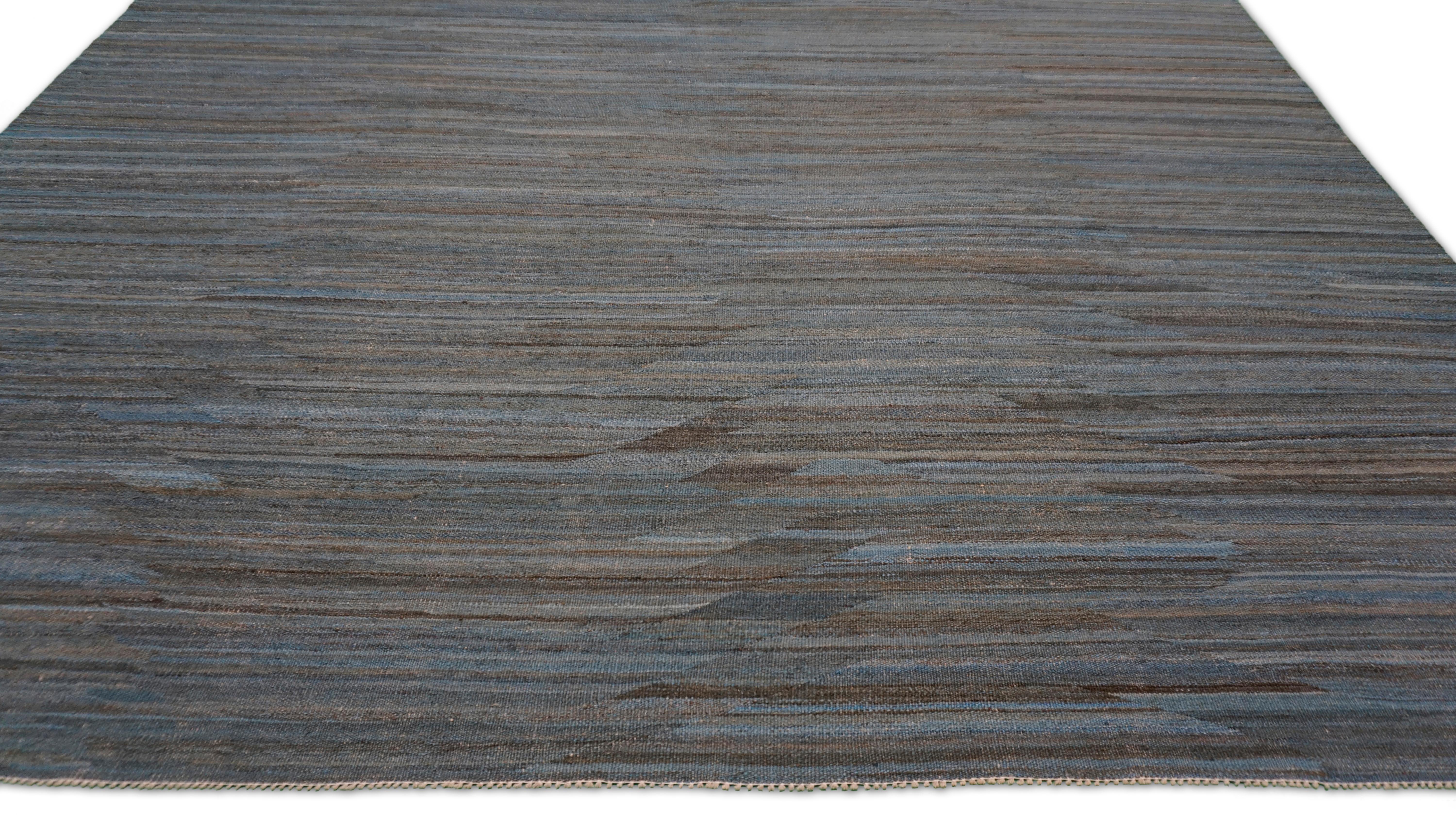 Hand-Woven Modern Earthy Brown Blue Handwoven Striated Wool Kilim 9'x12' For Sale