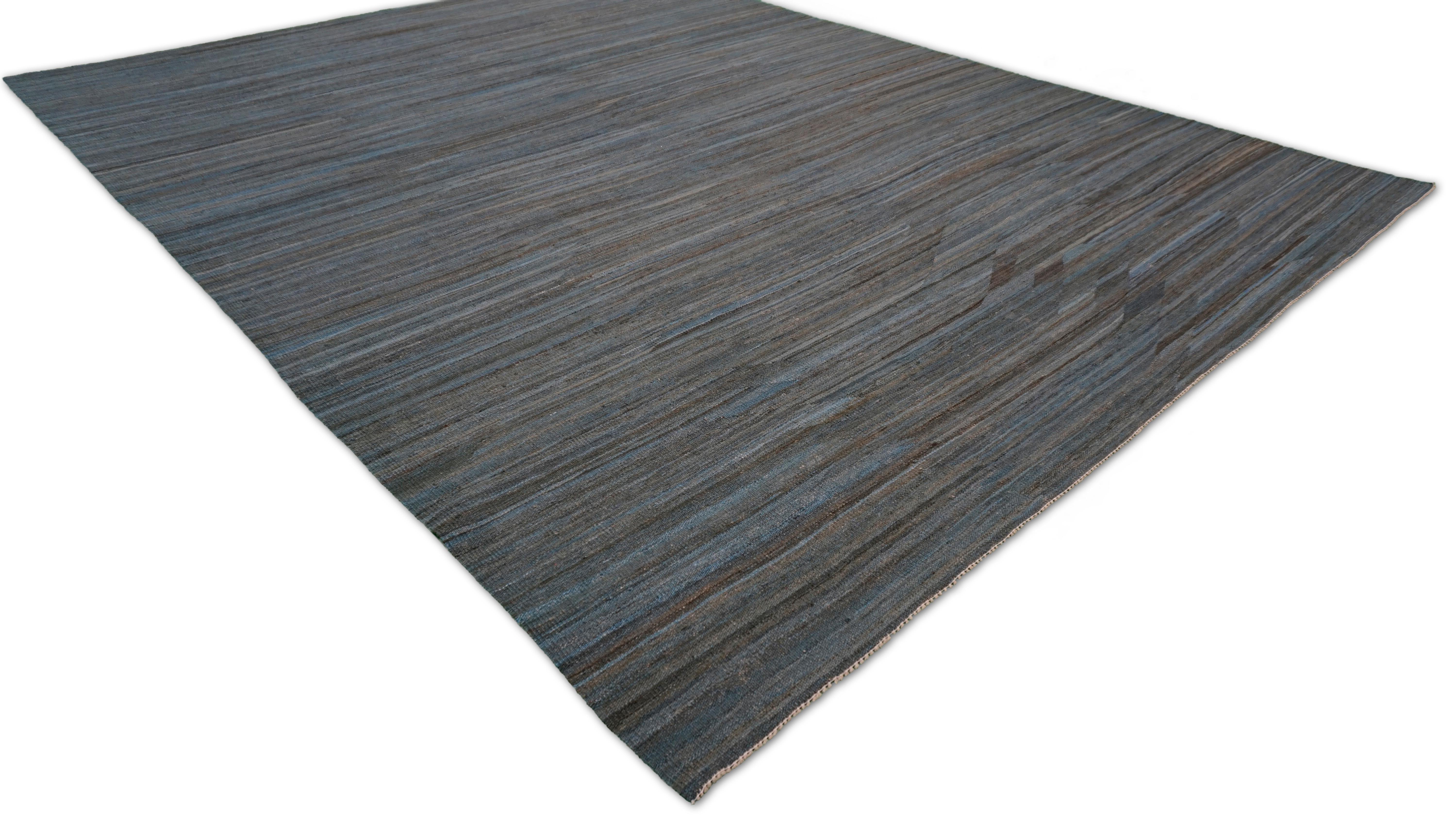 Modern Earthy Brown Blue Handwoven Striated Wool Kilim 9'x12' In New Condition For Sale In Torrance, CA