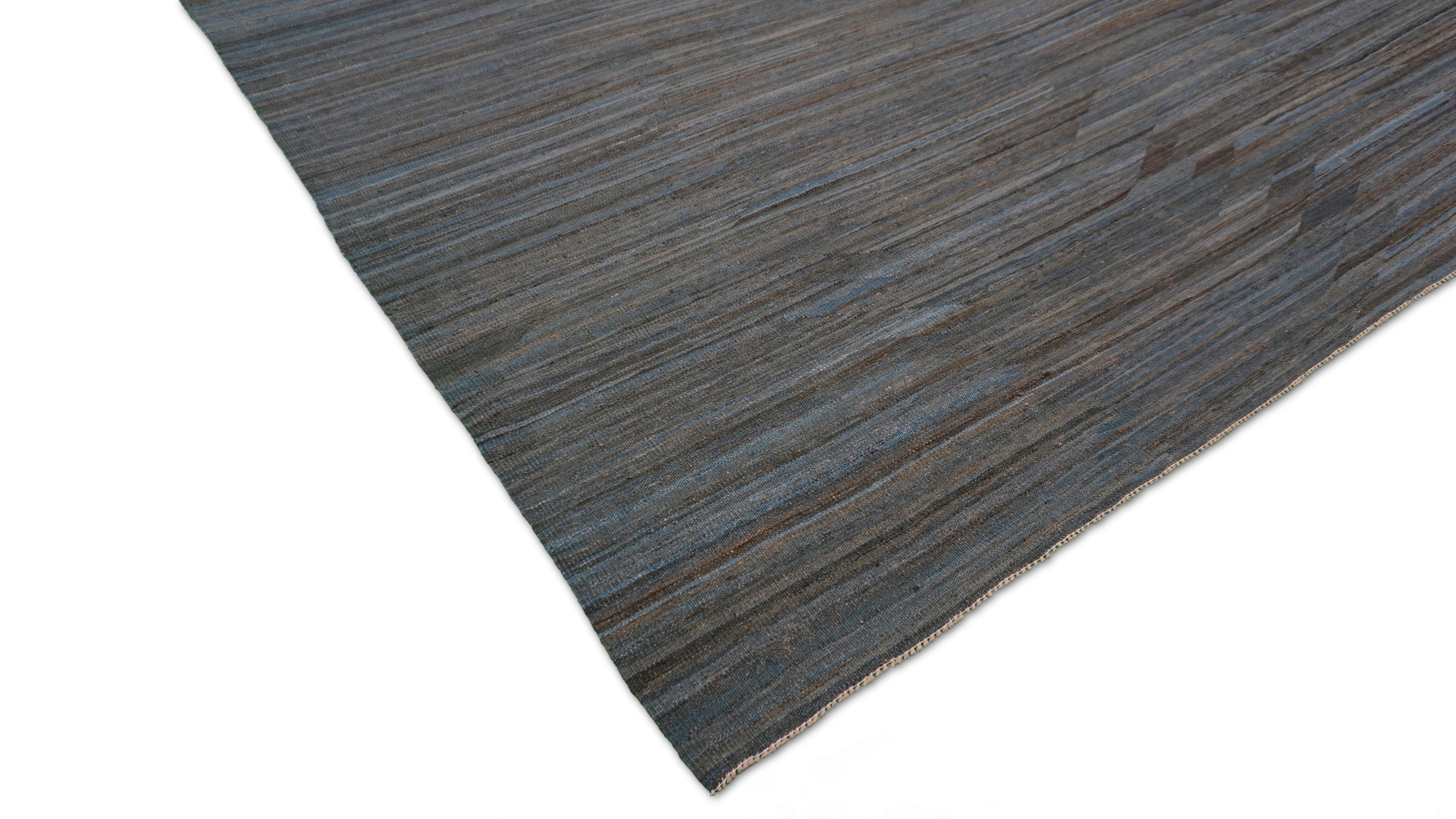 Contemporary Modern Earthy Brown Blue Handwoven Striated Wool Kilim 9'x12' For Sale