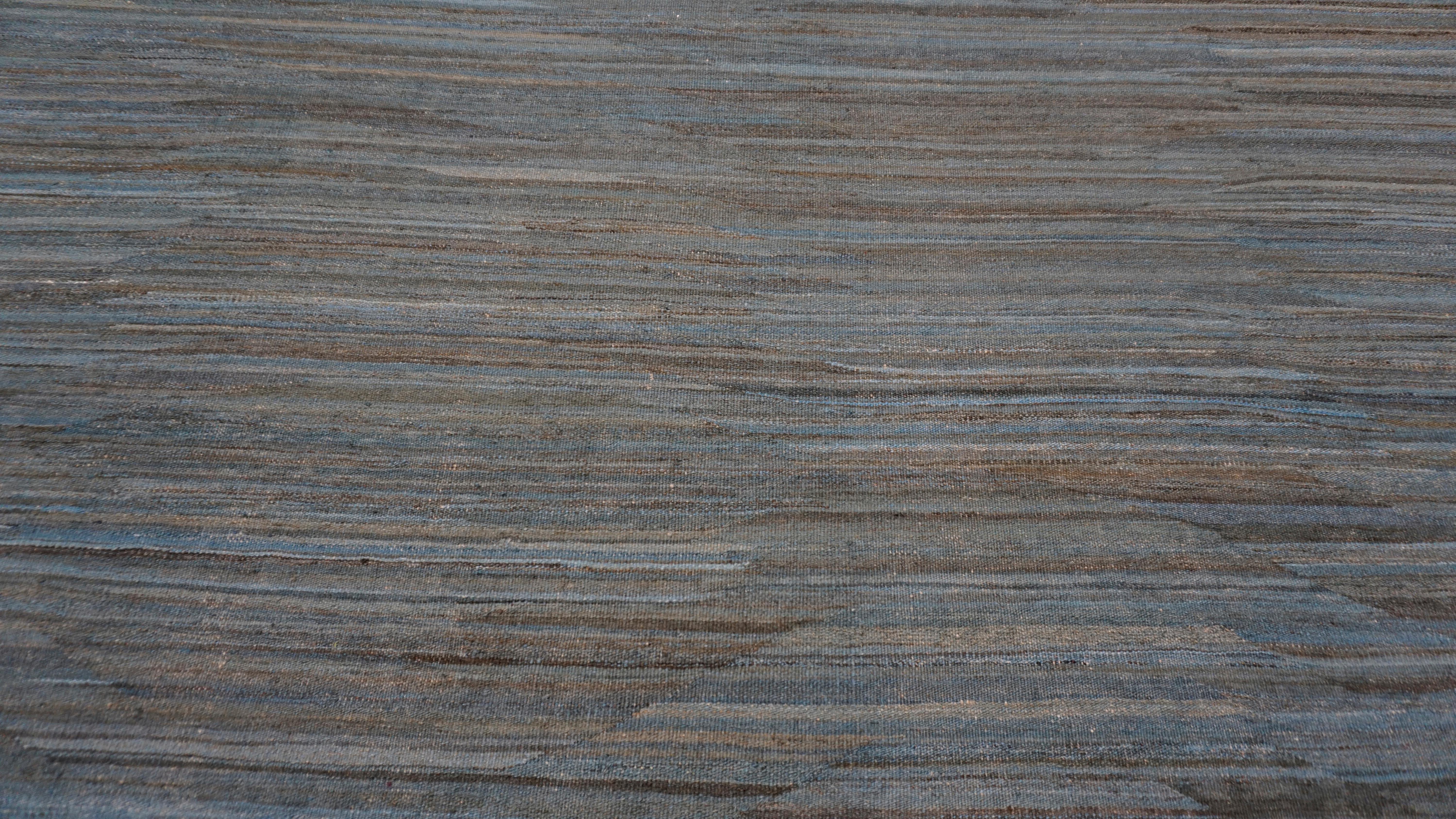 Modern Earthy Brown Blue Handwoven Striated Wool Kilim 9'x12' For Sale 1