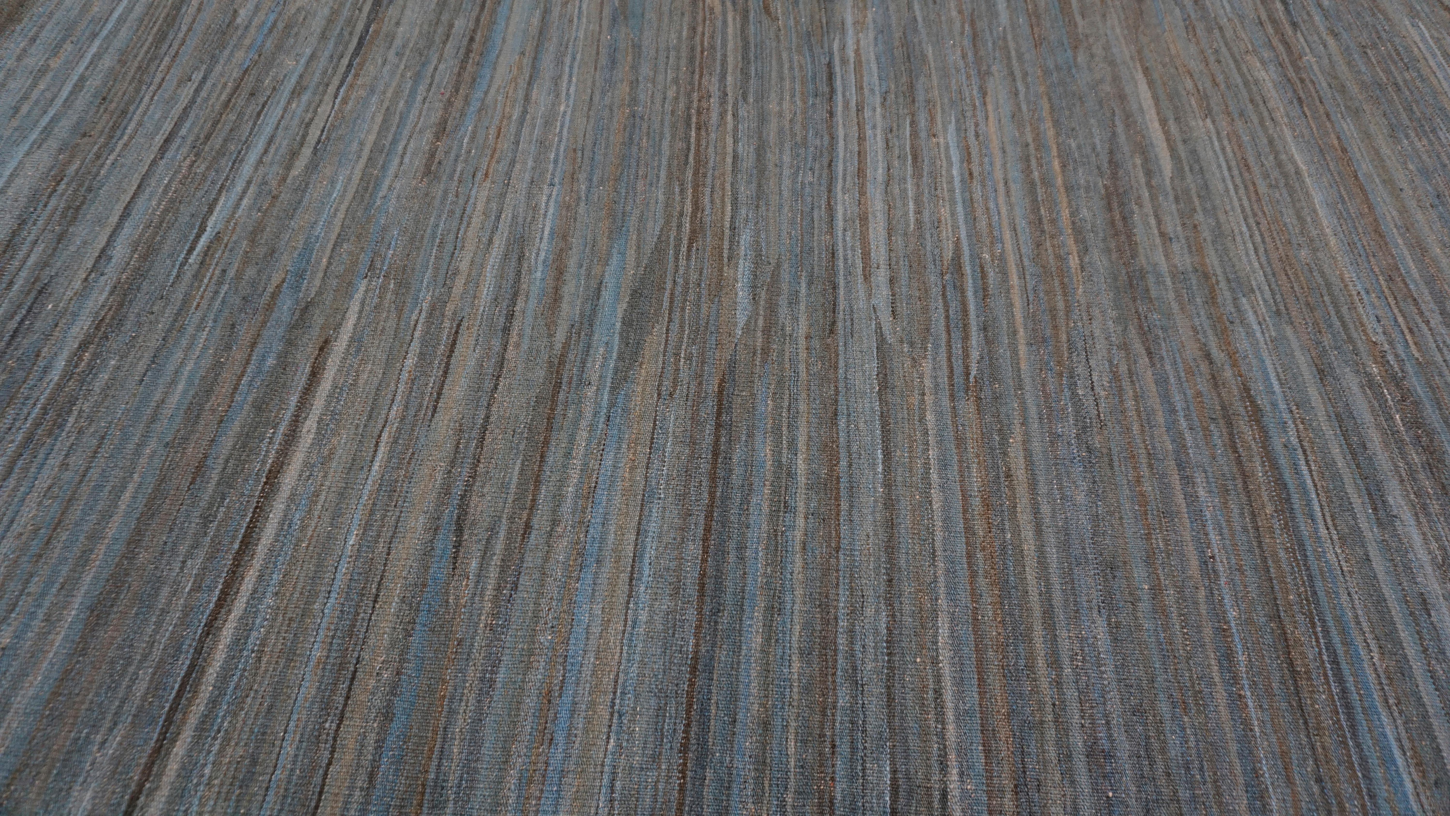 Modern Earthy Brown Blue Handwoven Striated Wool Kilim 9'x12' For Sale 2