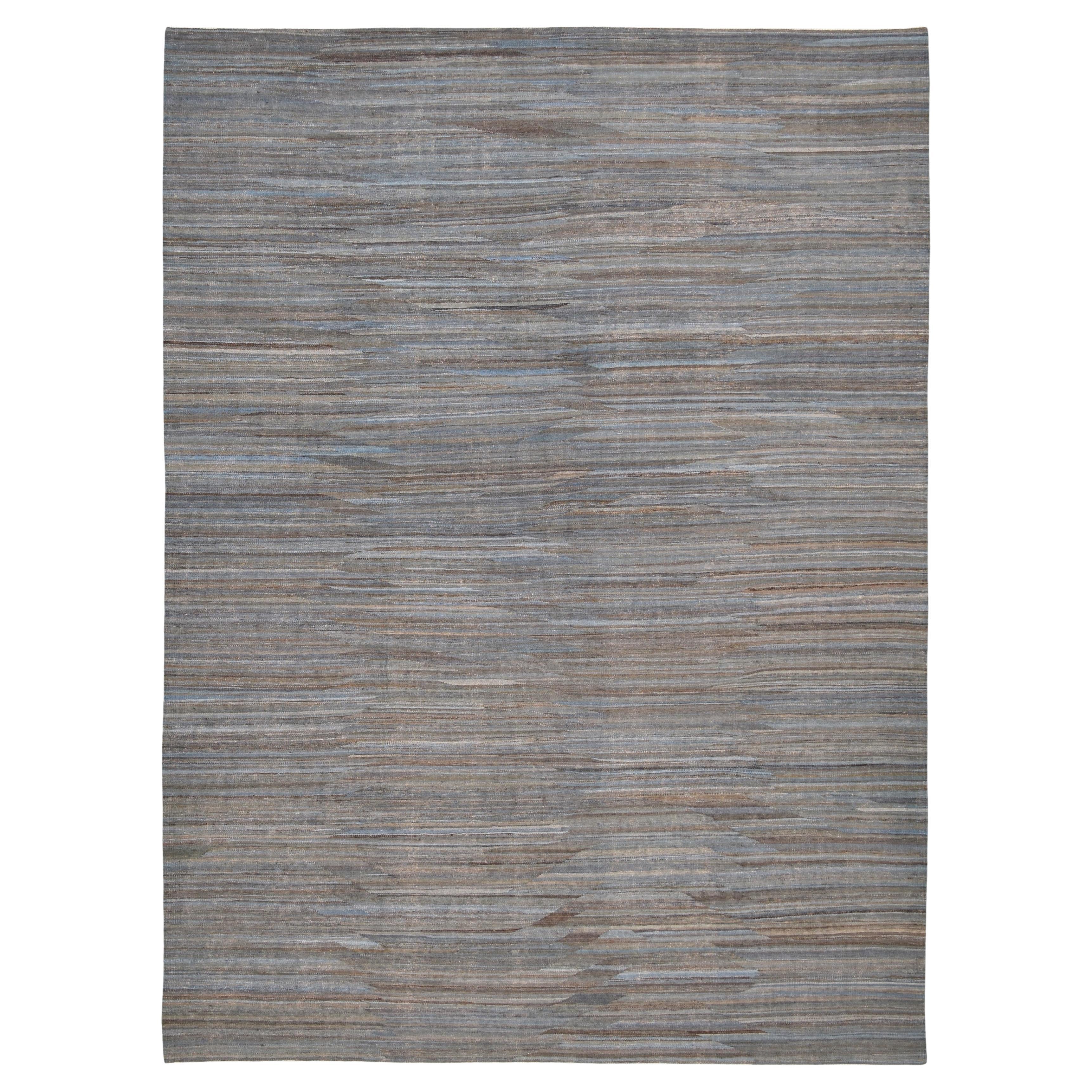 Modern Earthy Brown Blue Handwoven Striated Wool Kilim 9'x12' For Sale