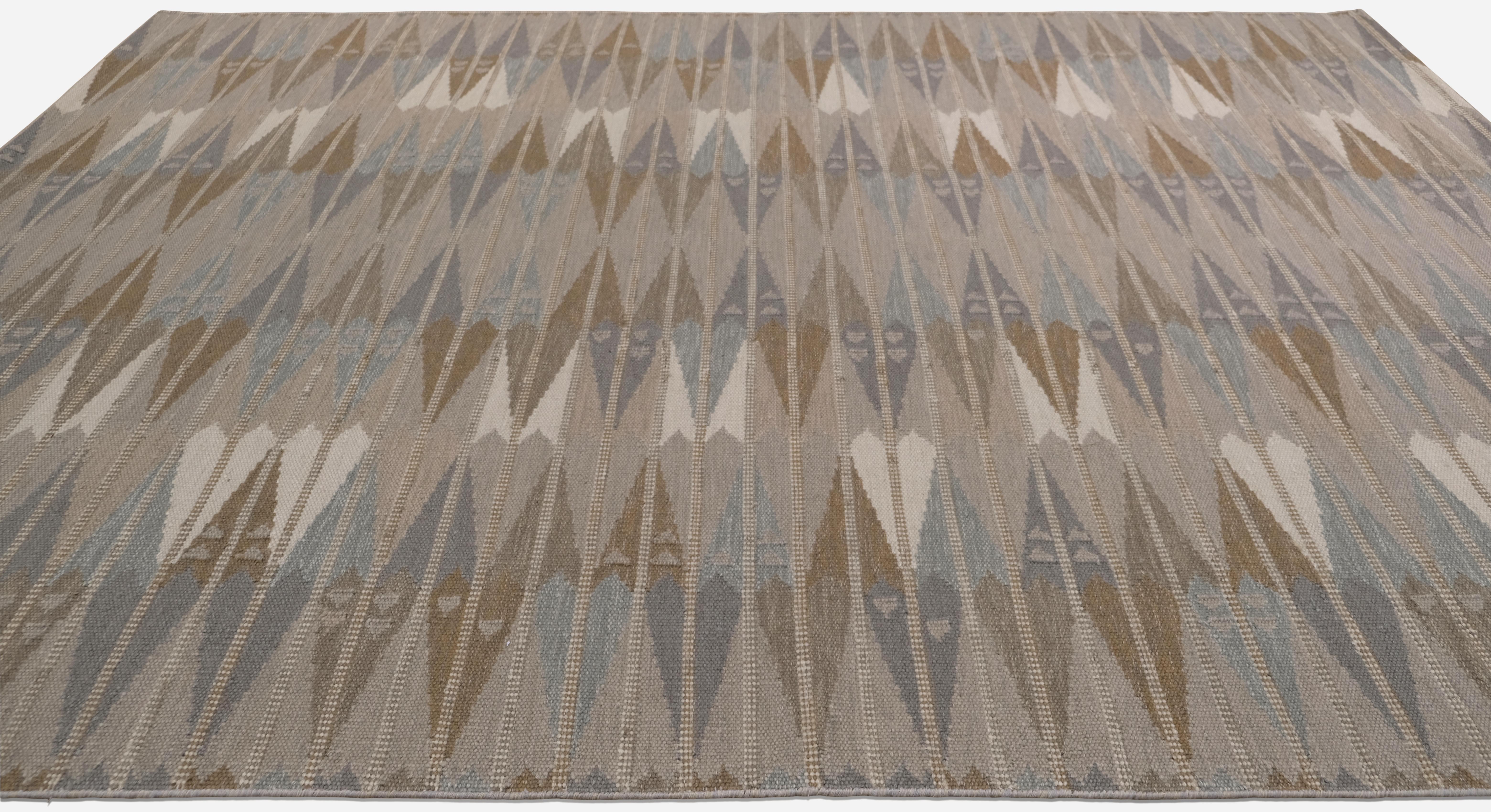 Moderner, erdfarben getönter, geometrischer, von Ikat inspirierter Wollteppich 8'11''x12' (Asiatisch) im Angebot