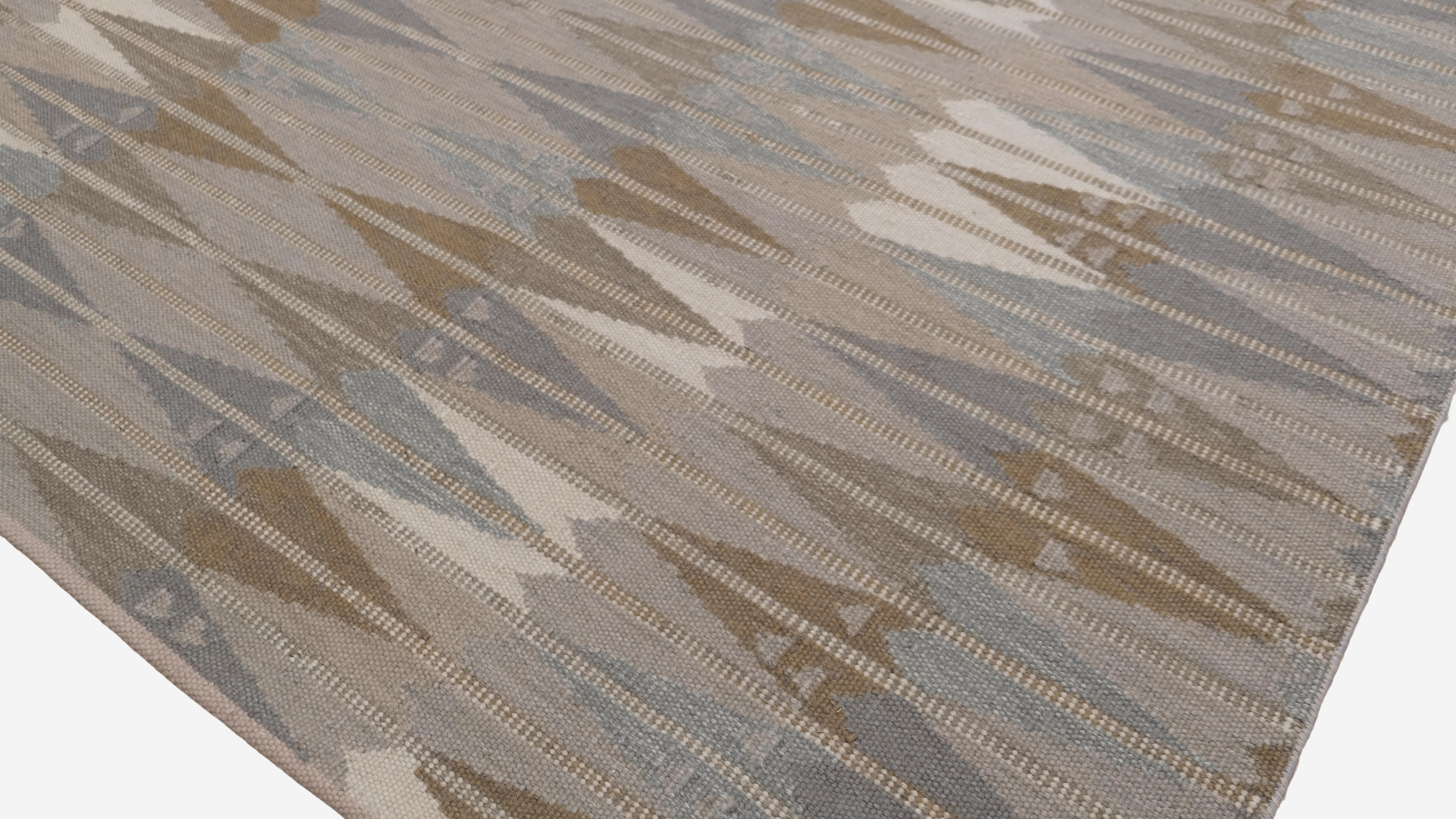 Moderner, erdfarben getönter, geometrischer, von Ikat inspirierter Wollteppich 8'11''x12' (Handgeknüpft) im Angebot