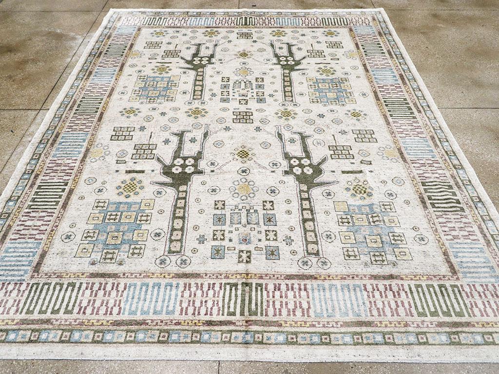 This 21st-century East Turkestan silk Khotan rug, measuring 9'6