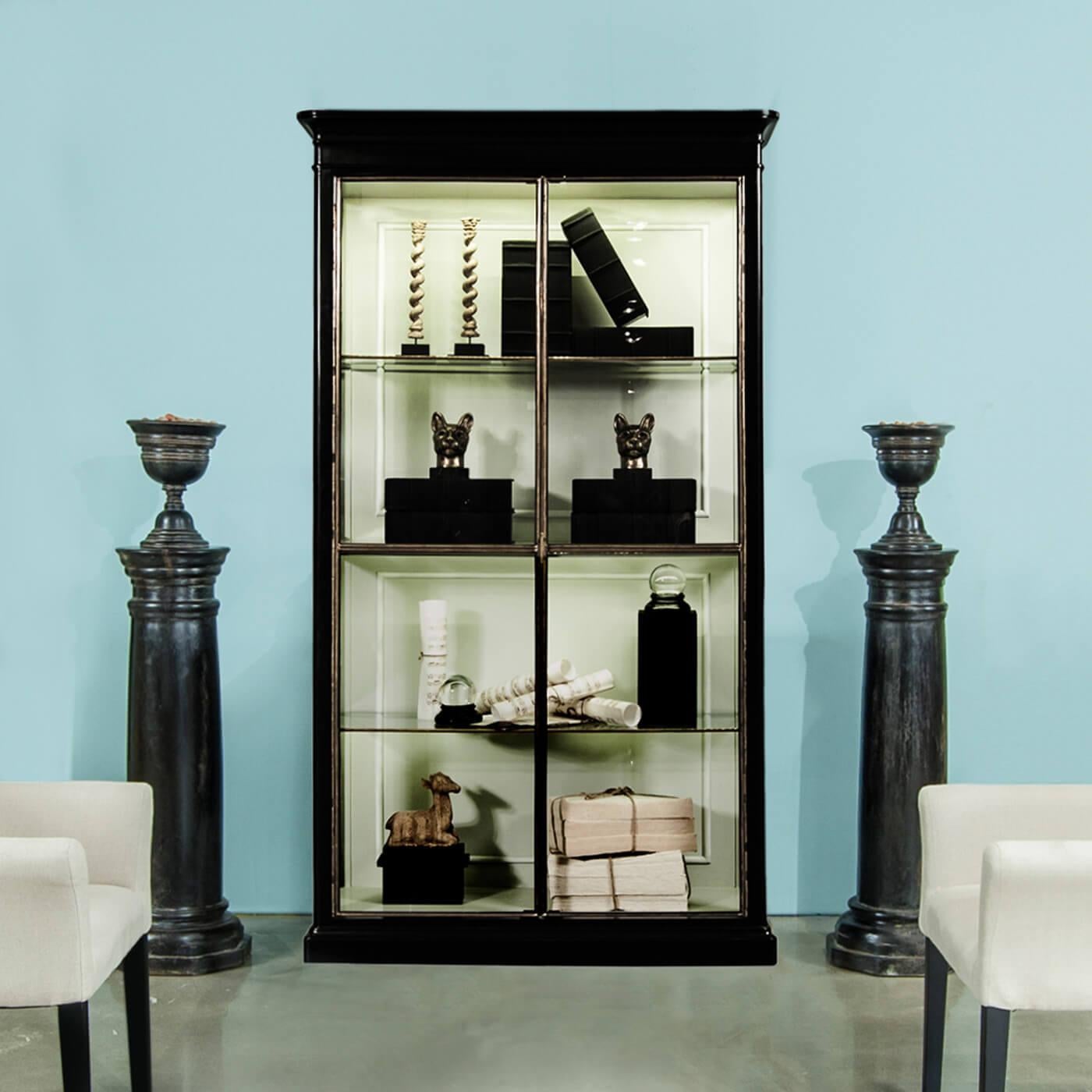 Asian Modern Ebonized Glass Door Bookcase For Sale