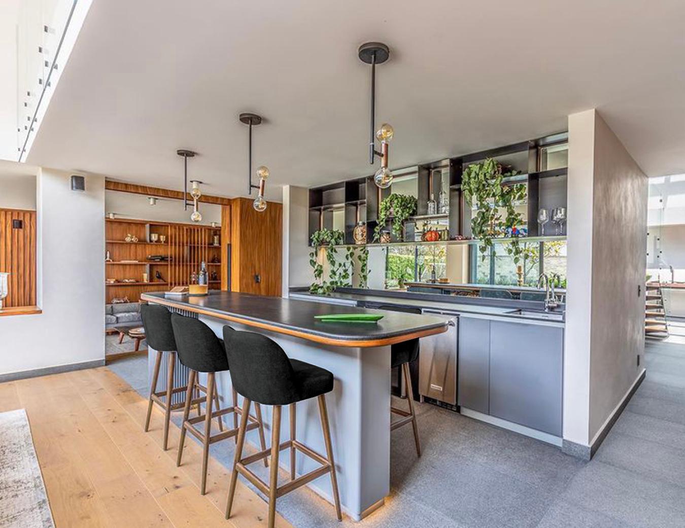 Messicano Sgabello da bar moderno in velluto nero ebano con base in Oak in vendita