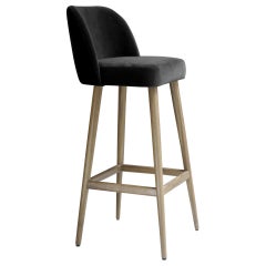 Tabouret de bar moderne en velours noir ébène avec base en chêne