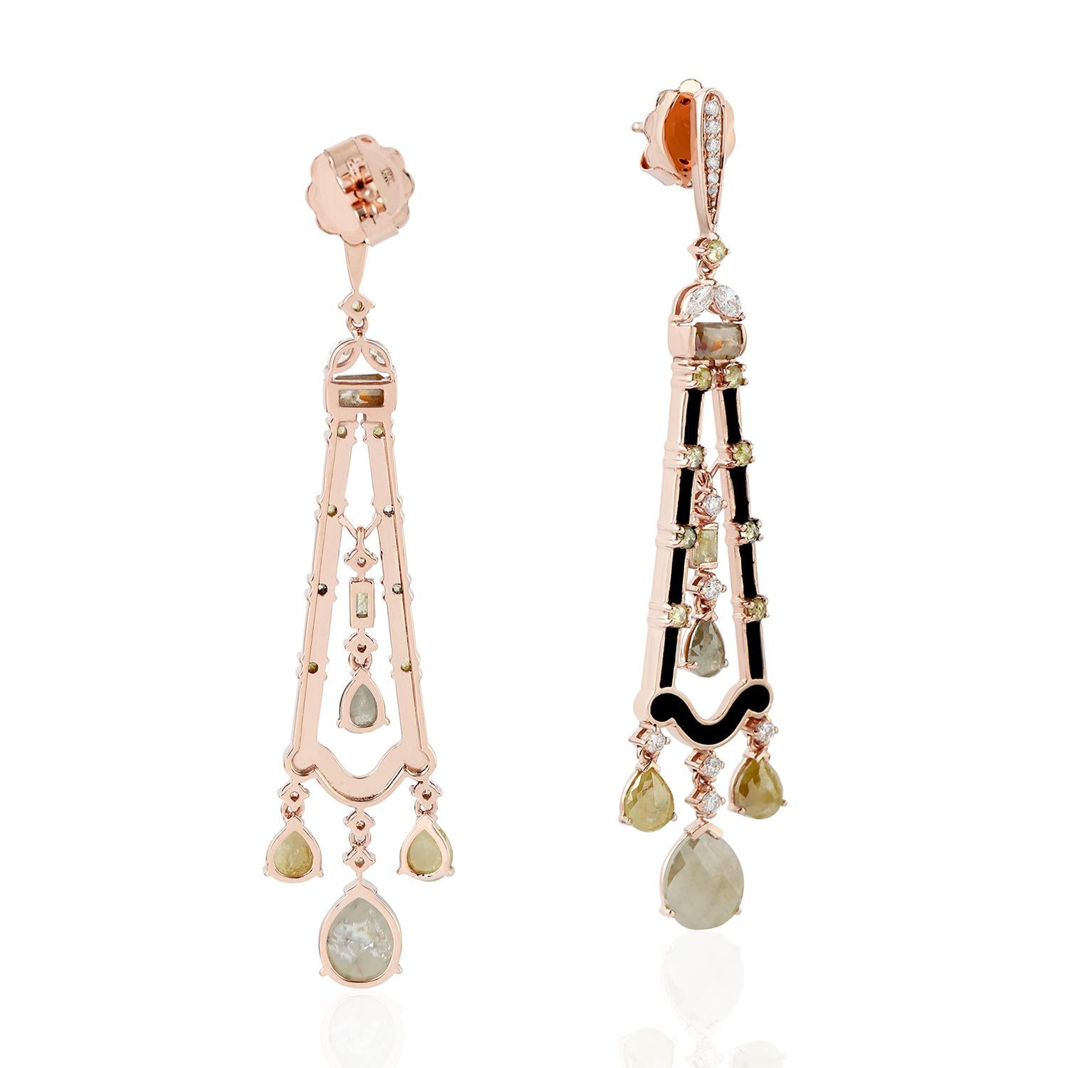 Round Cut Modern Eclectic Looking White and Brown Diamond and Enamel Earrings in 18K Gold