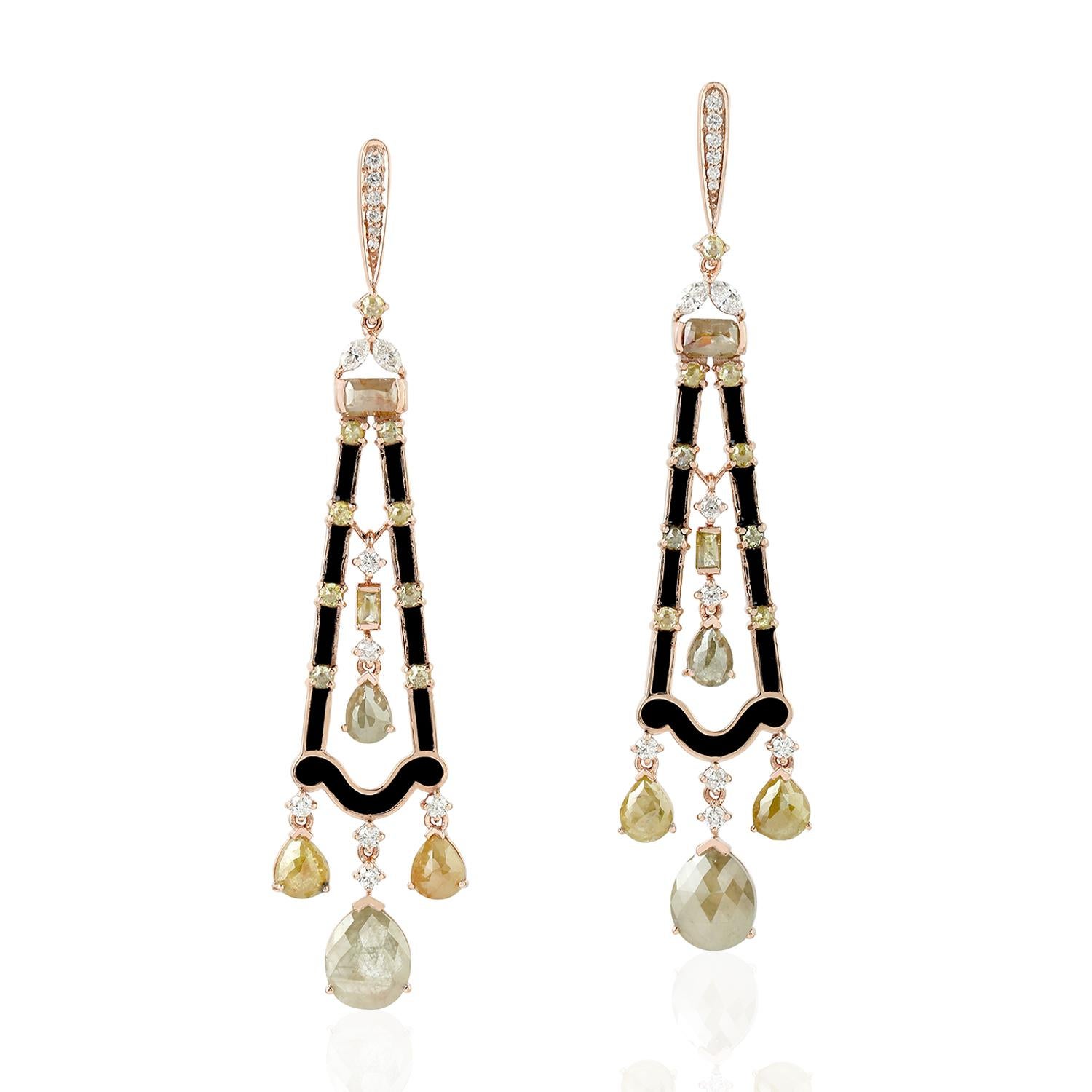 Modern Eclectic Looking White and Brown Diamond and Enamel Earrings in 18K Gold In New Condition For Sale In New York, NY