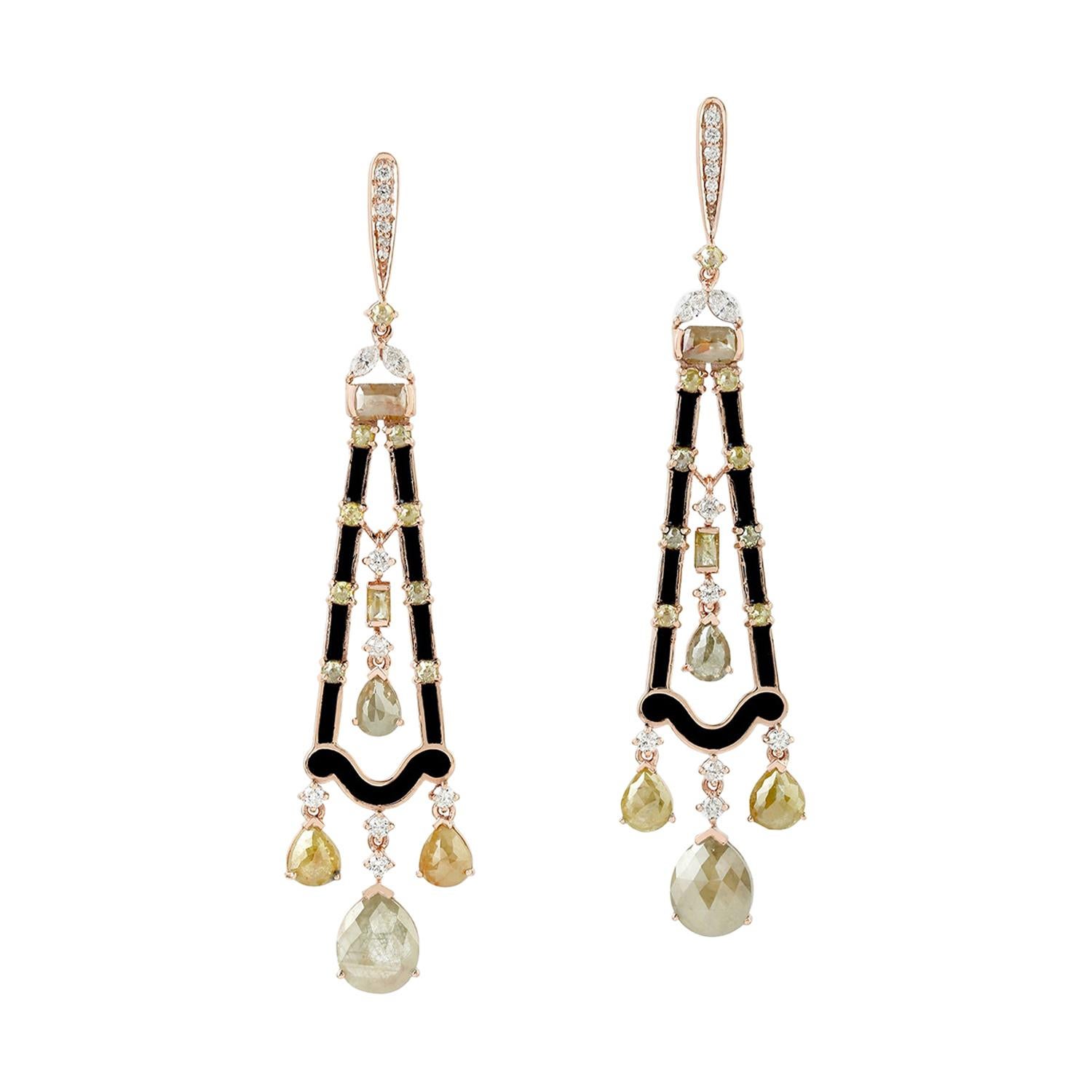 Modern Eclectic Looking White and Brown Diamond and Enamel Earrings in 18K Gold