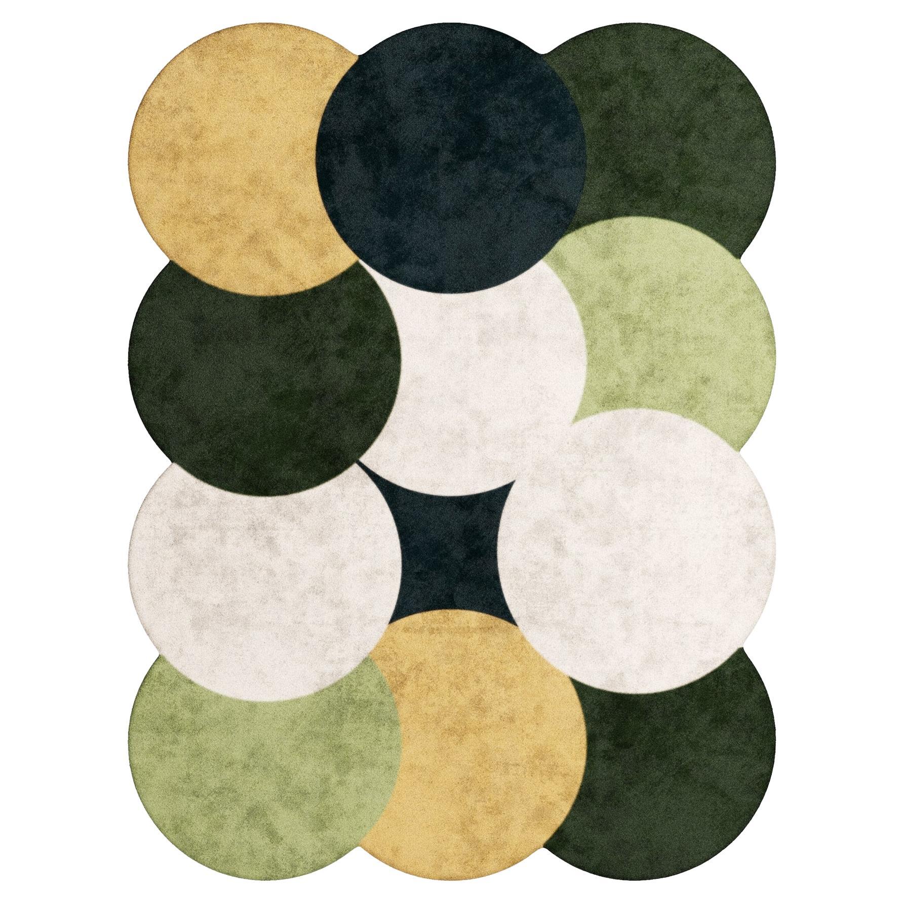 Moderner rechteckiger handgetufteter kreisförmig gemusterter Teppich Grün & Gelb im Angebot