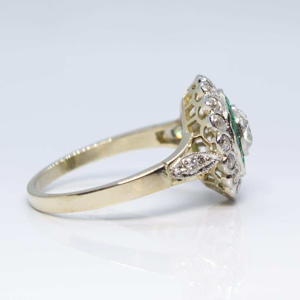 Modern Edwardian Style 18 Karat Gold Diamond and Emerald Ring In Excellent Condition In Miami, FL