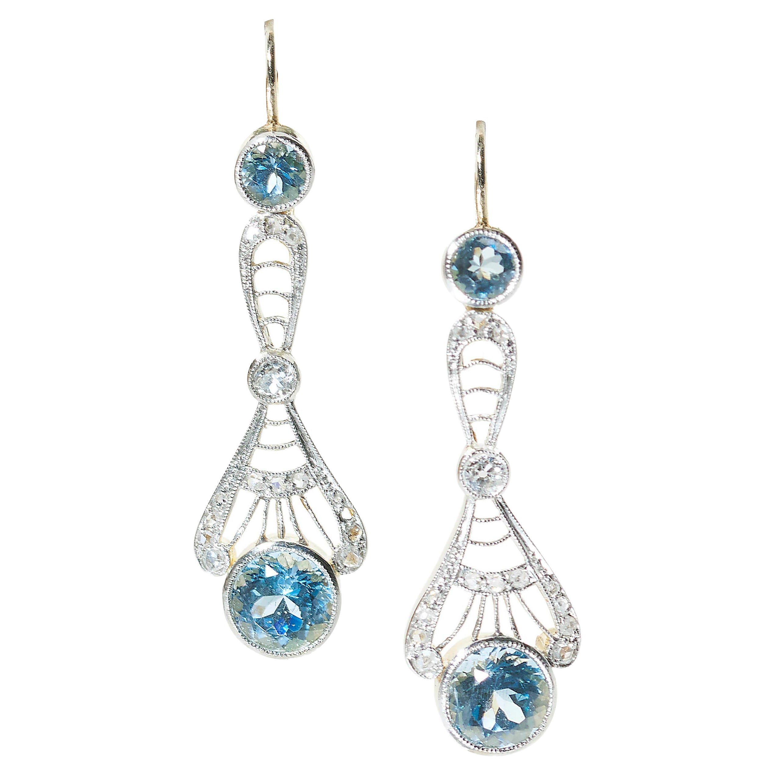 Modern Edwardian Style Aquamarine, Diamond and Gold Drop Earrings For Sale