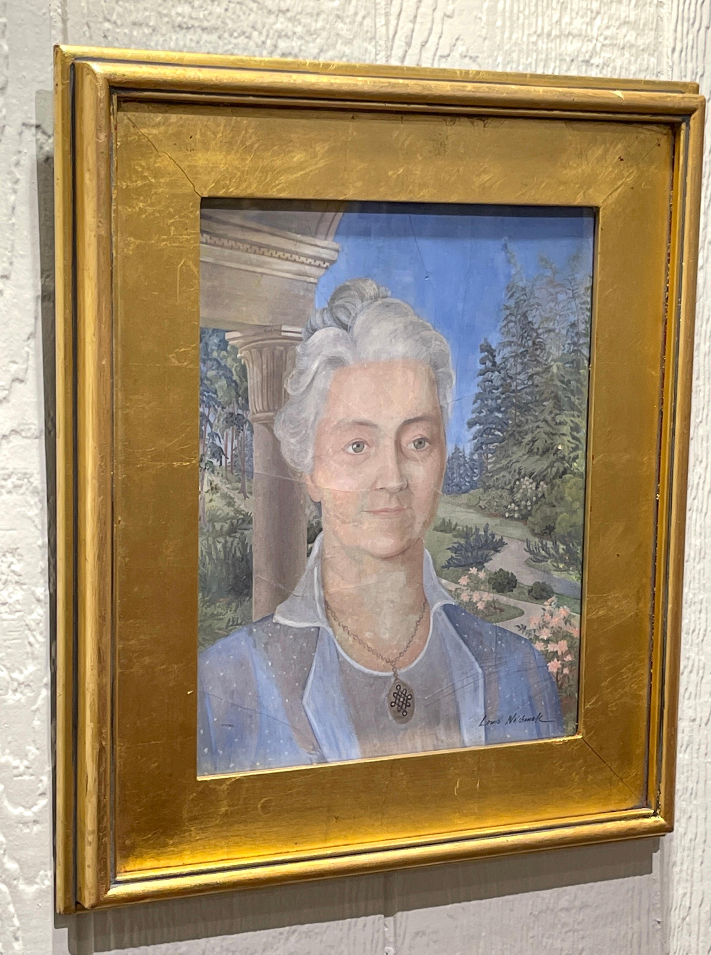 Modern Egg Tempera Portrait of a Lady in Landscape by Louis Wolchonok In Good Condition For Sale In West Palm Beach, FL