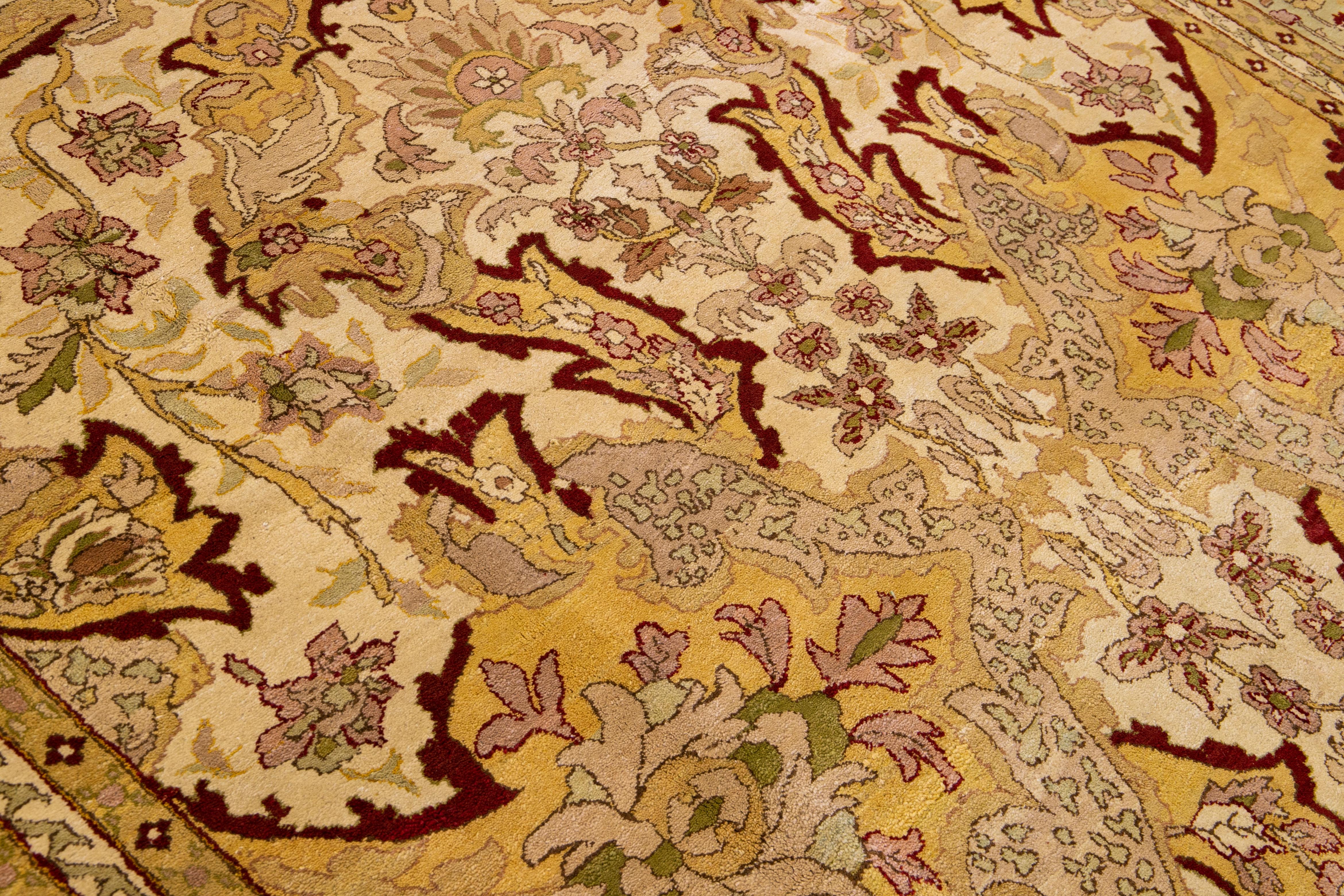 Modern Egyptian Handmade Floral Yellow and Beige Wool Rug For Sale 5