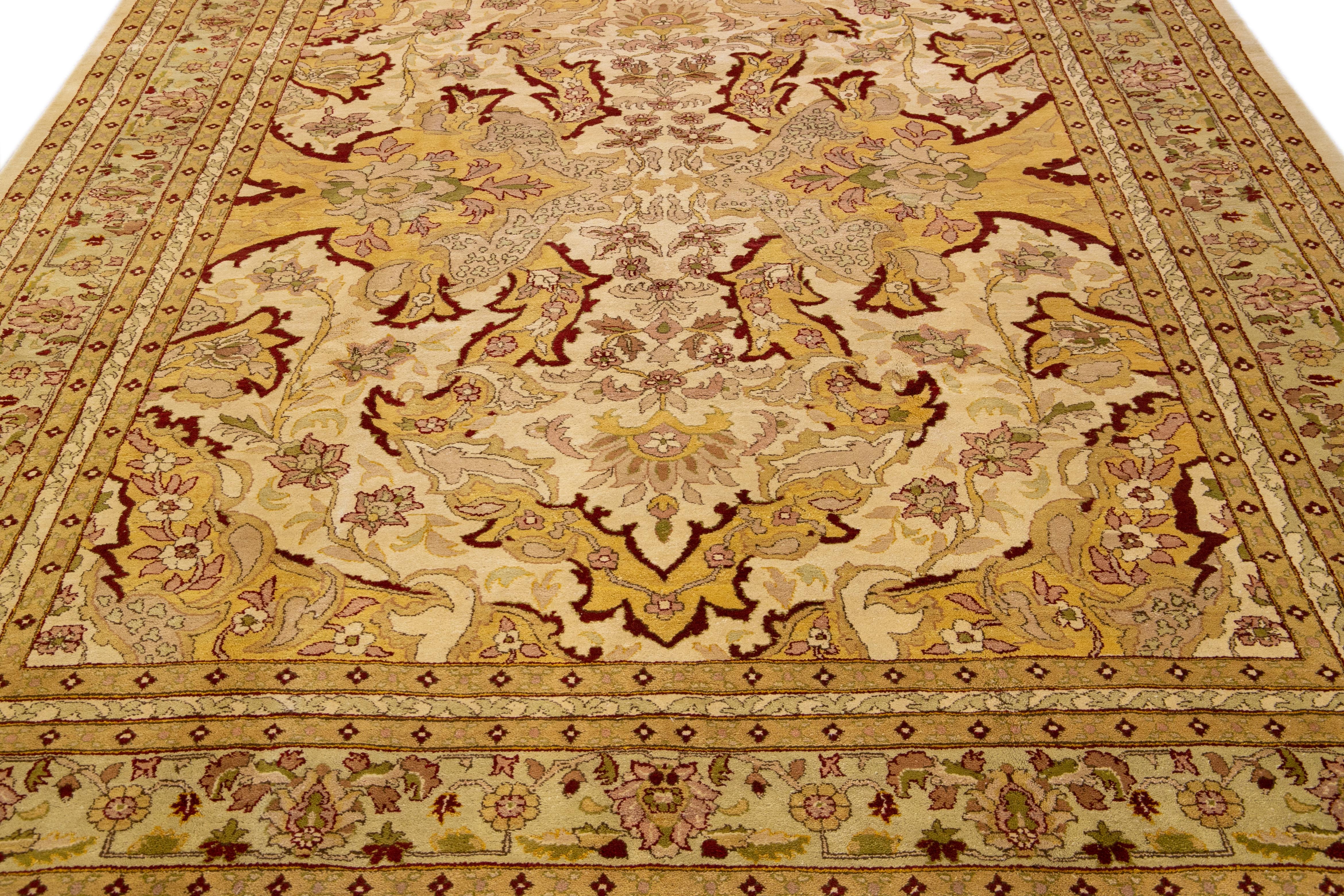Hand-Knotted Modern Egyptian Handmade Floral Yellow and Beige Wool Rug For Sale