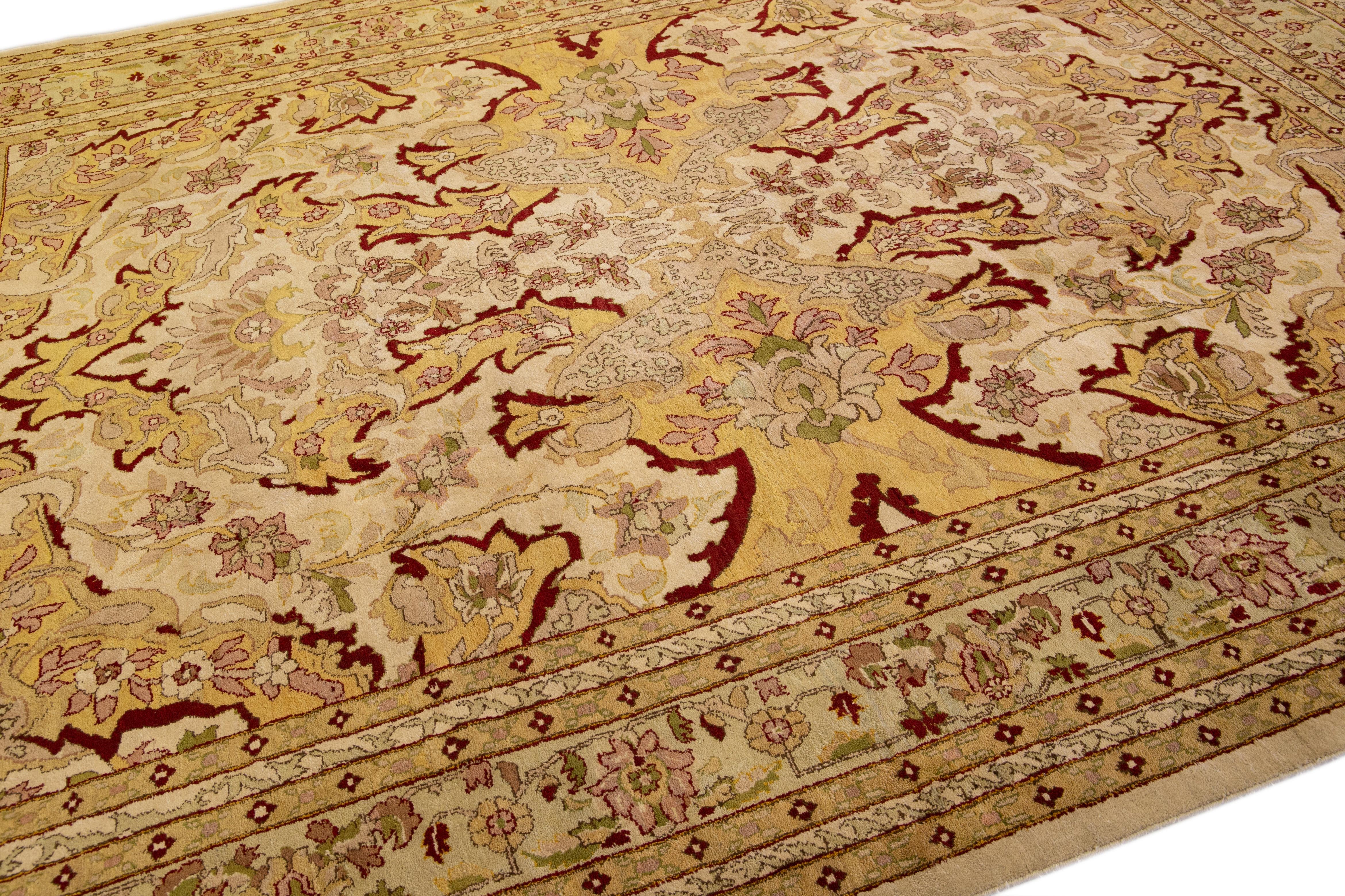 Contemporary Modern Egyptian Handmade Floral Yellow and Beige Wool Rug For Sale