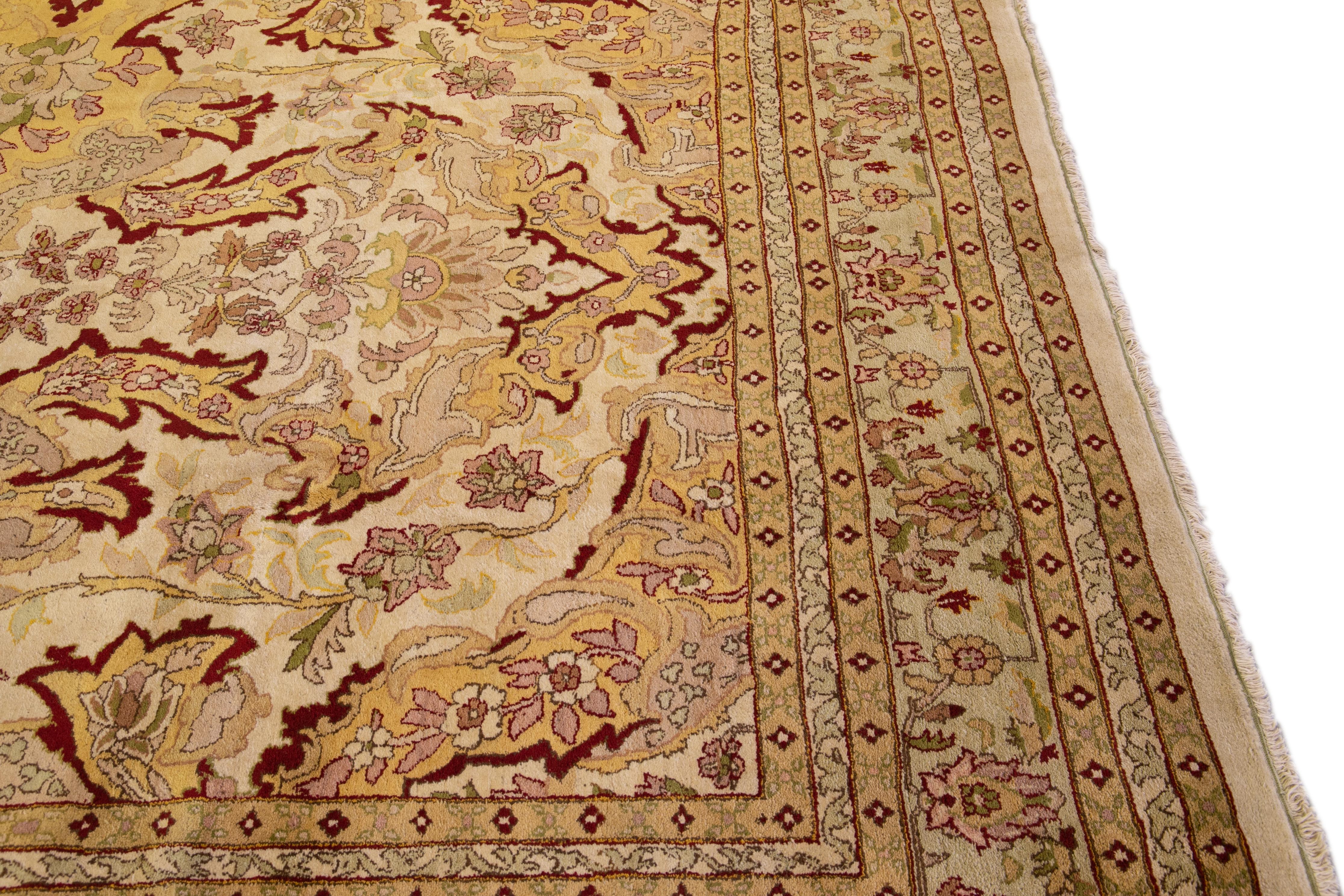 Modern Egyptian Handmade Floral Yellow and Beige Wool Rug For Sale 2