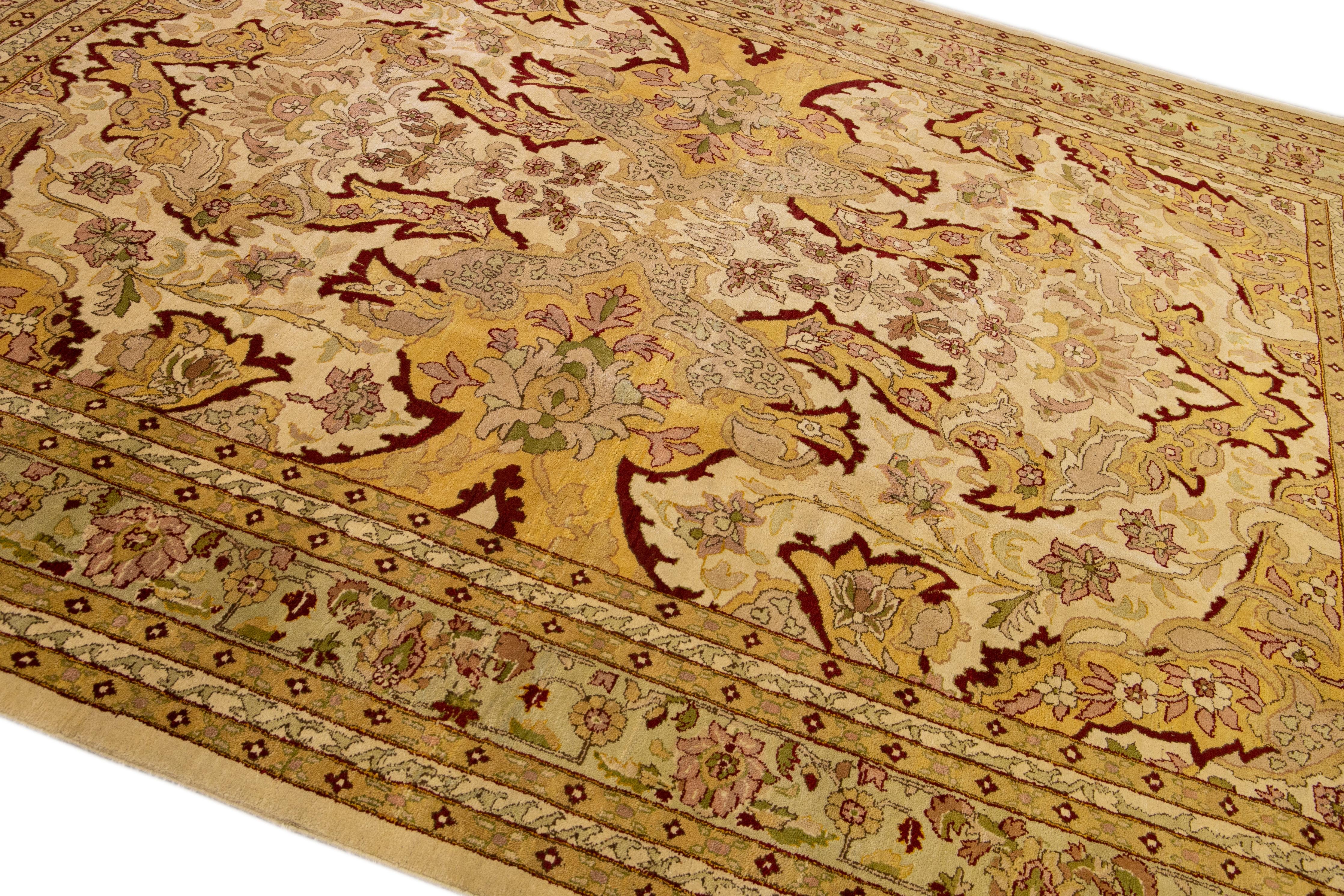 Modern Egyptian Handmade Floral Yellow and Beige Wool Rug For Sale 3