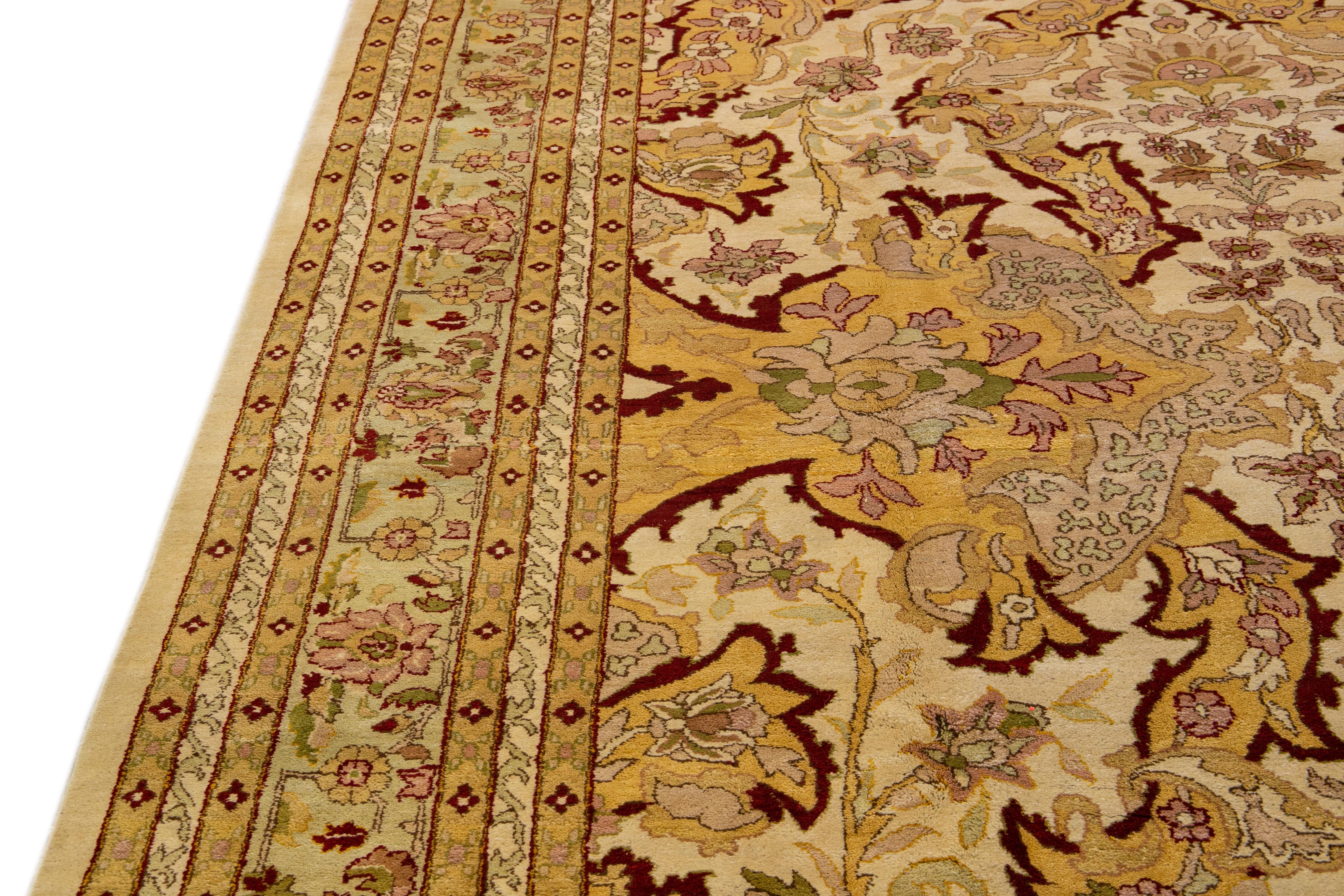 Modern Egyptian Handmade Floral Yellow and Beige Wool Rug For Sale 4