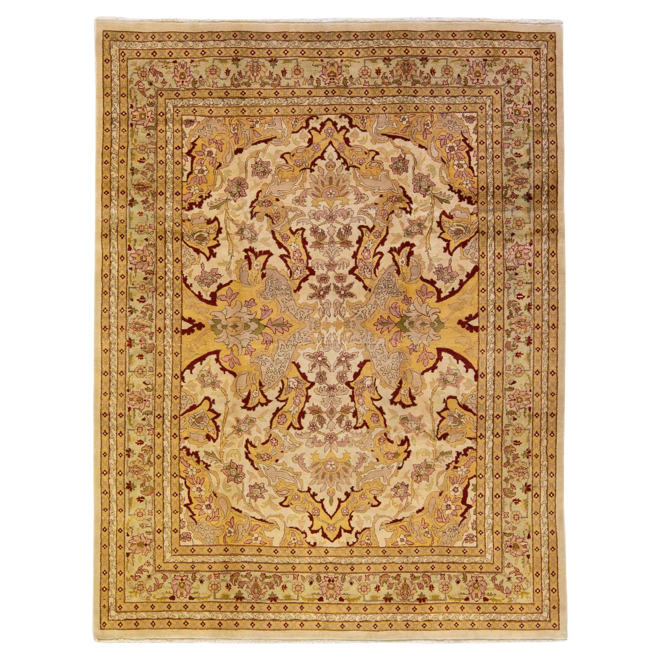 Modern Egyptian Handmade Floral Yellow and Beige Wool Rug For Sale