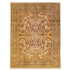 Modern Egyptian Handmade Floral Yellow and Beige Wool Rug