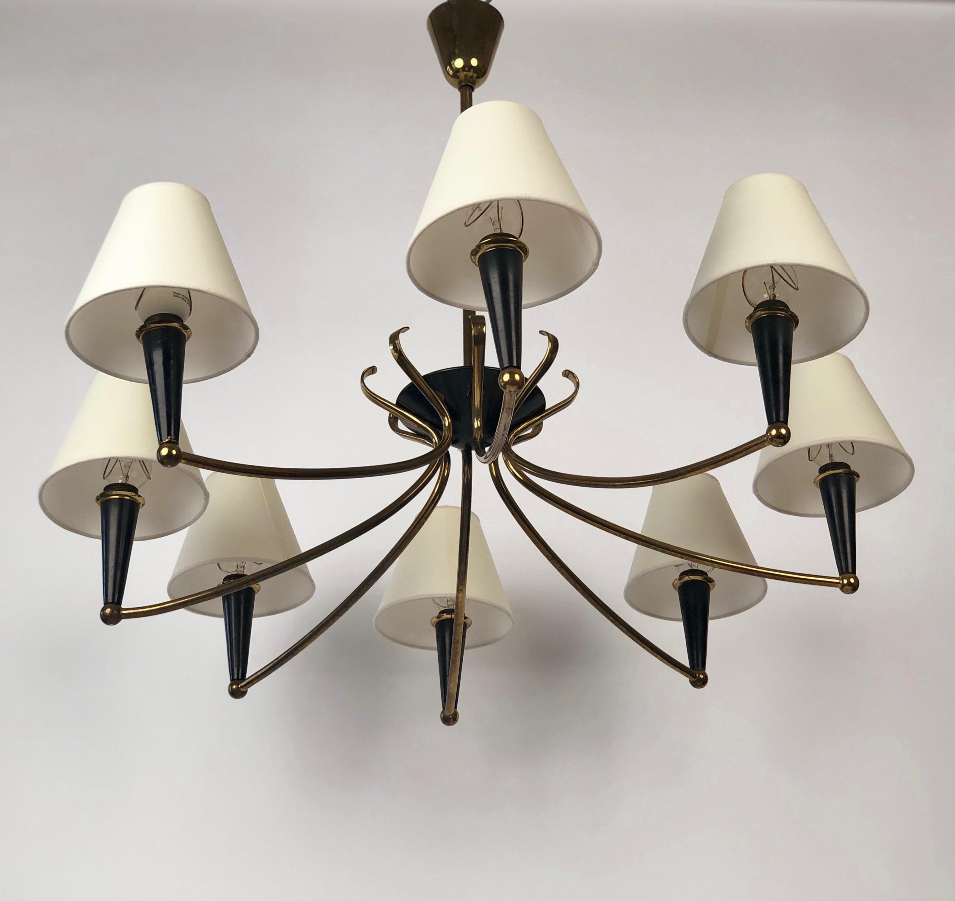 Mid-Century Modern Modern Eight Arm Chandelier from Austria with Parchment Shades, 1950's For Sale